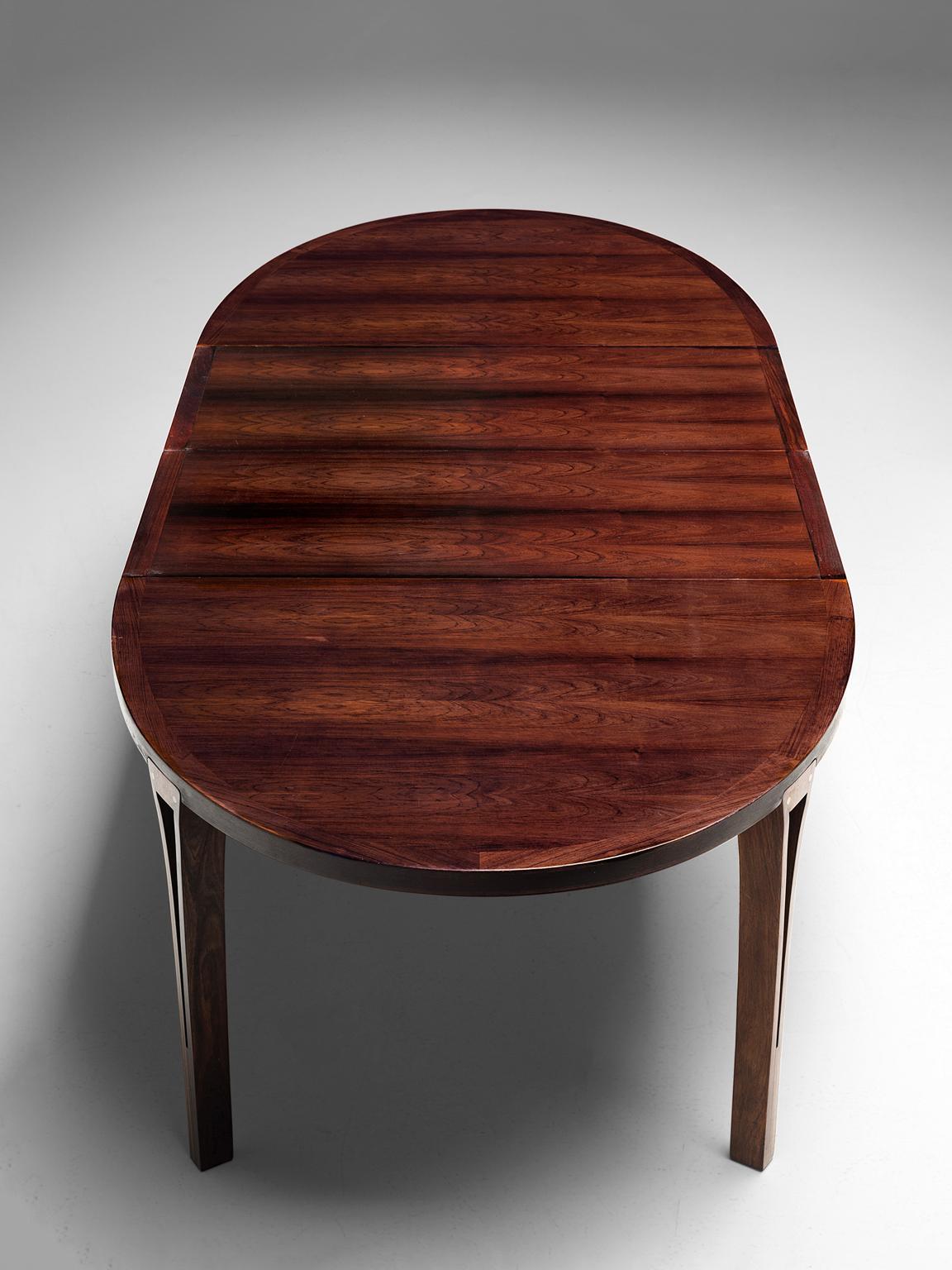 Danish Oval Rosewood Dining Table with Brass Details
