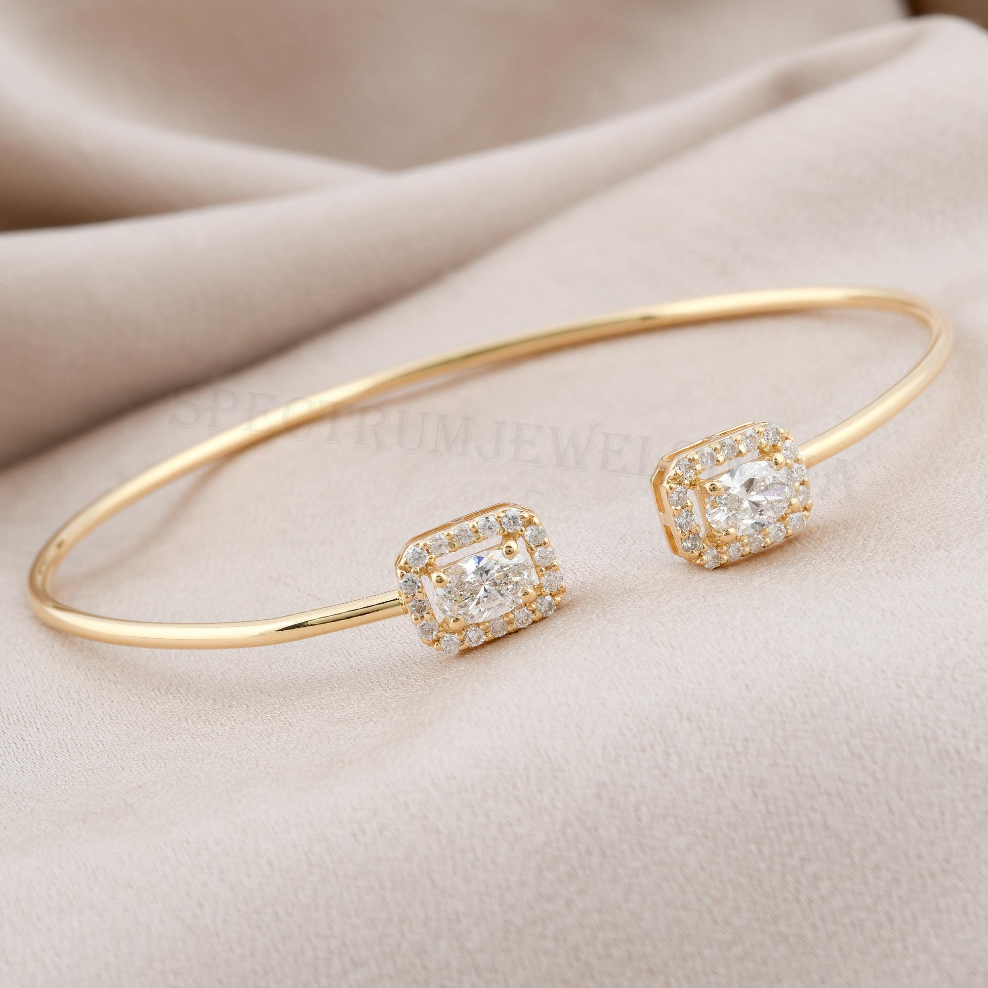 Women's Oval & Round Diamond Cuff Bangle Bracelet 14 Karat Yellow Gold Handmade Jewelry For Sale