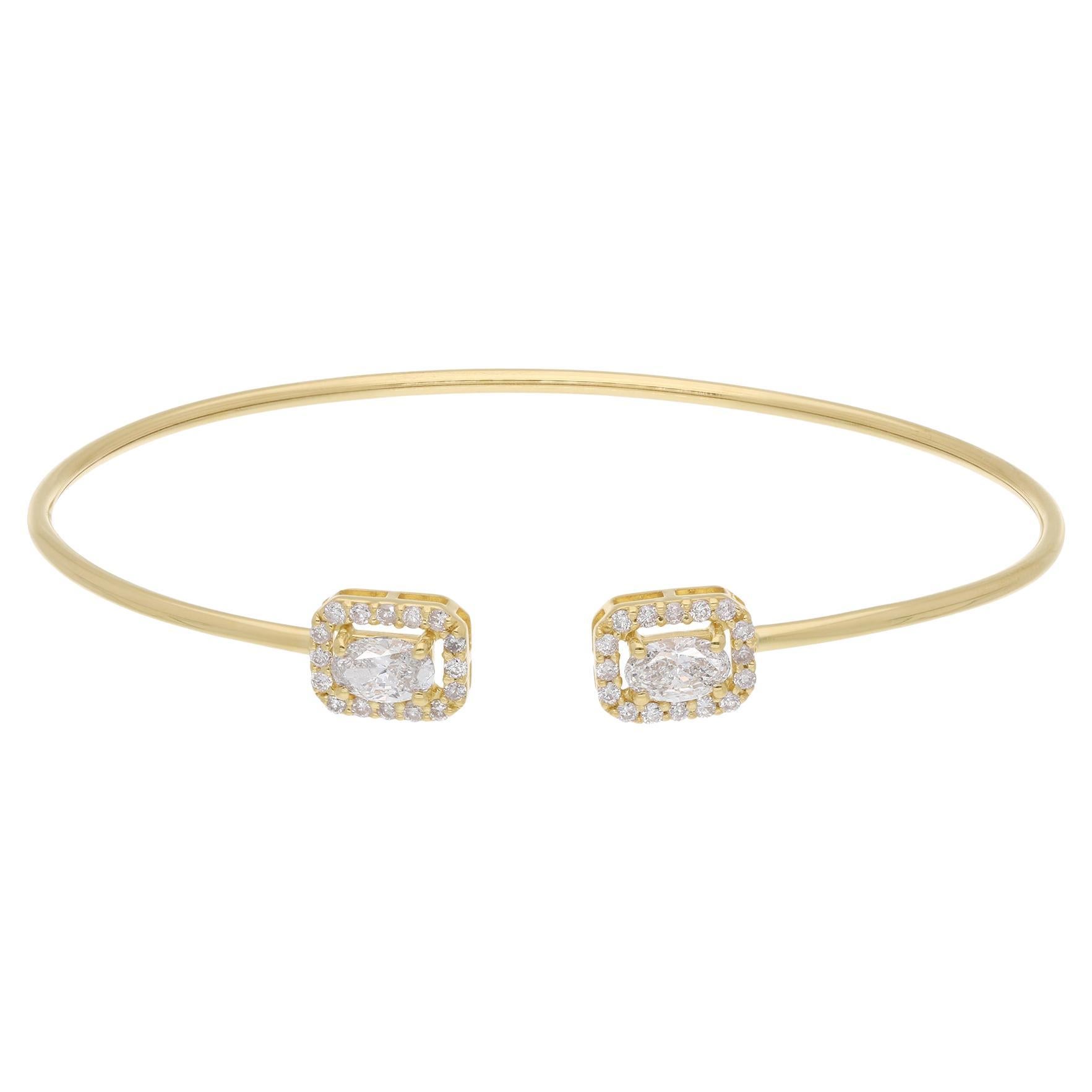 Oval & Round Diamond Cuff Bangle Bracelet 14 Karat Yellow Gold Handmade Jewelry For Sale