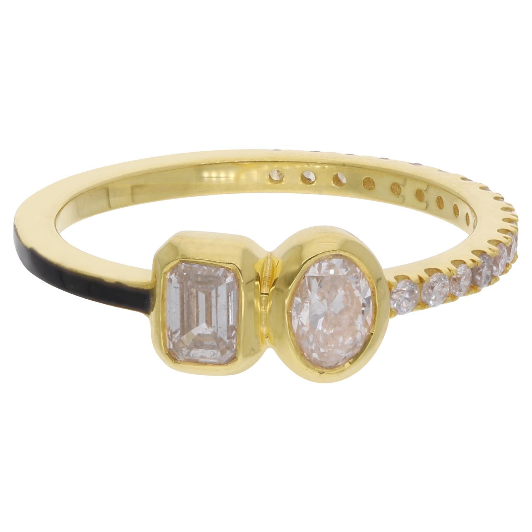 Oval Round & Emerald Cut Diamond Enamel Ring 14 Karat Yellow Gold Fine Jewelry