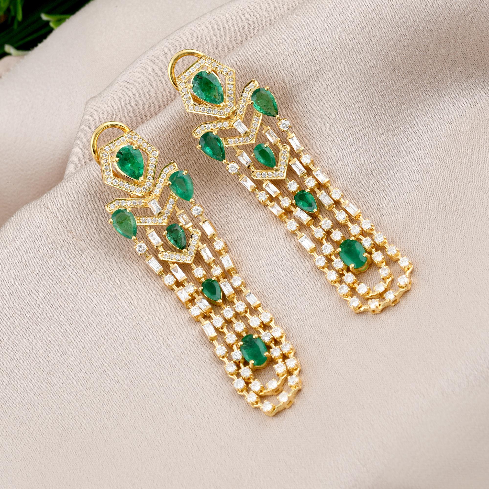 Modern Oval & Round Emerald Gemstone Chandelier Earrings Diamond 14 Karat Yellow Gold For Sale