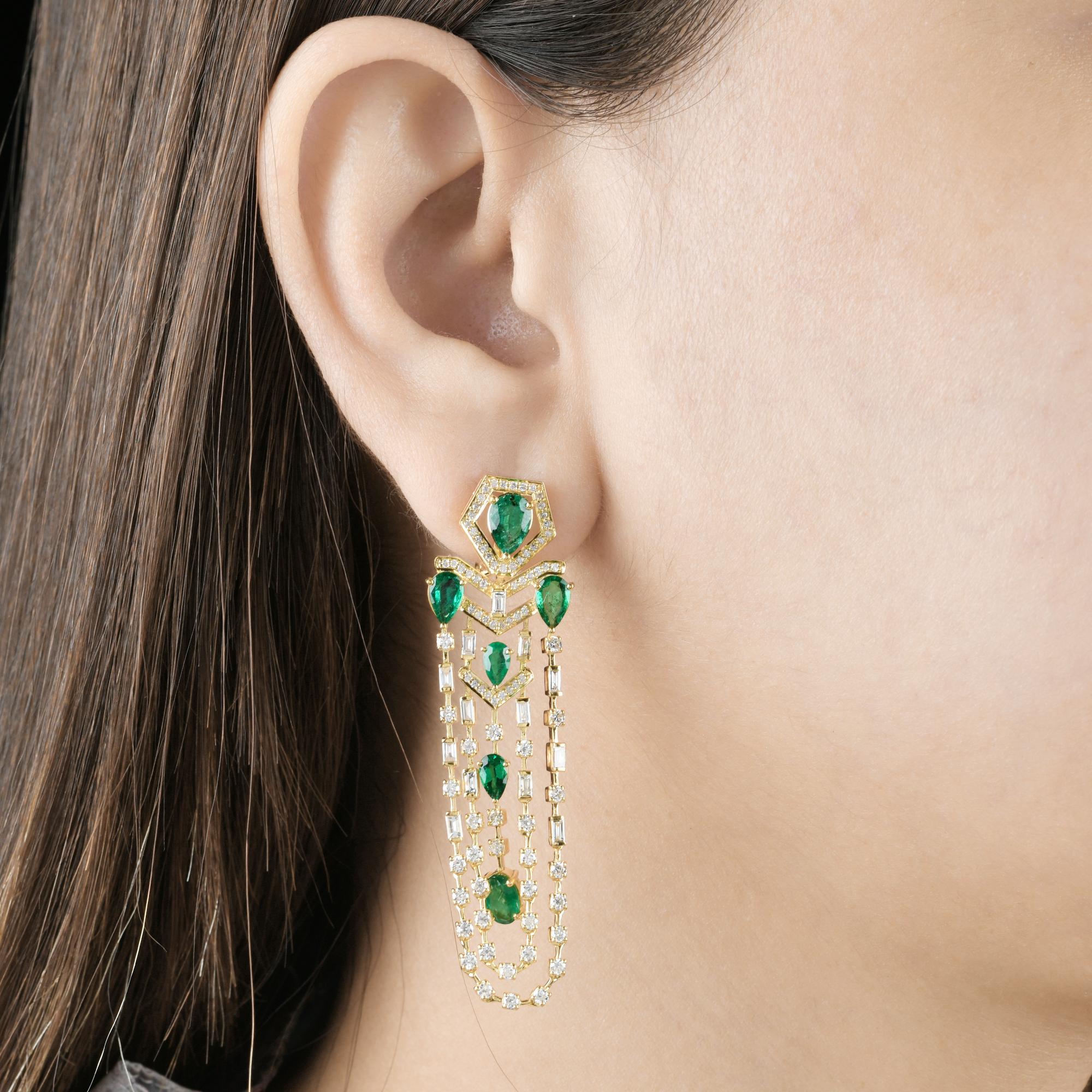 Oval Cut Oval & Round Emerald Gemstone Chandelier Earrings Diamond 14 Karat Yellow Gold For Sale
