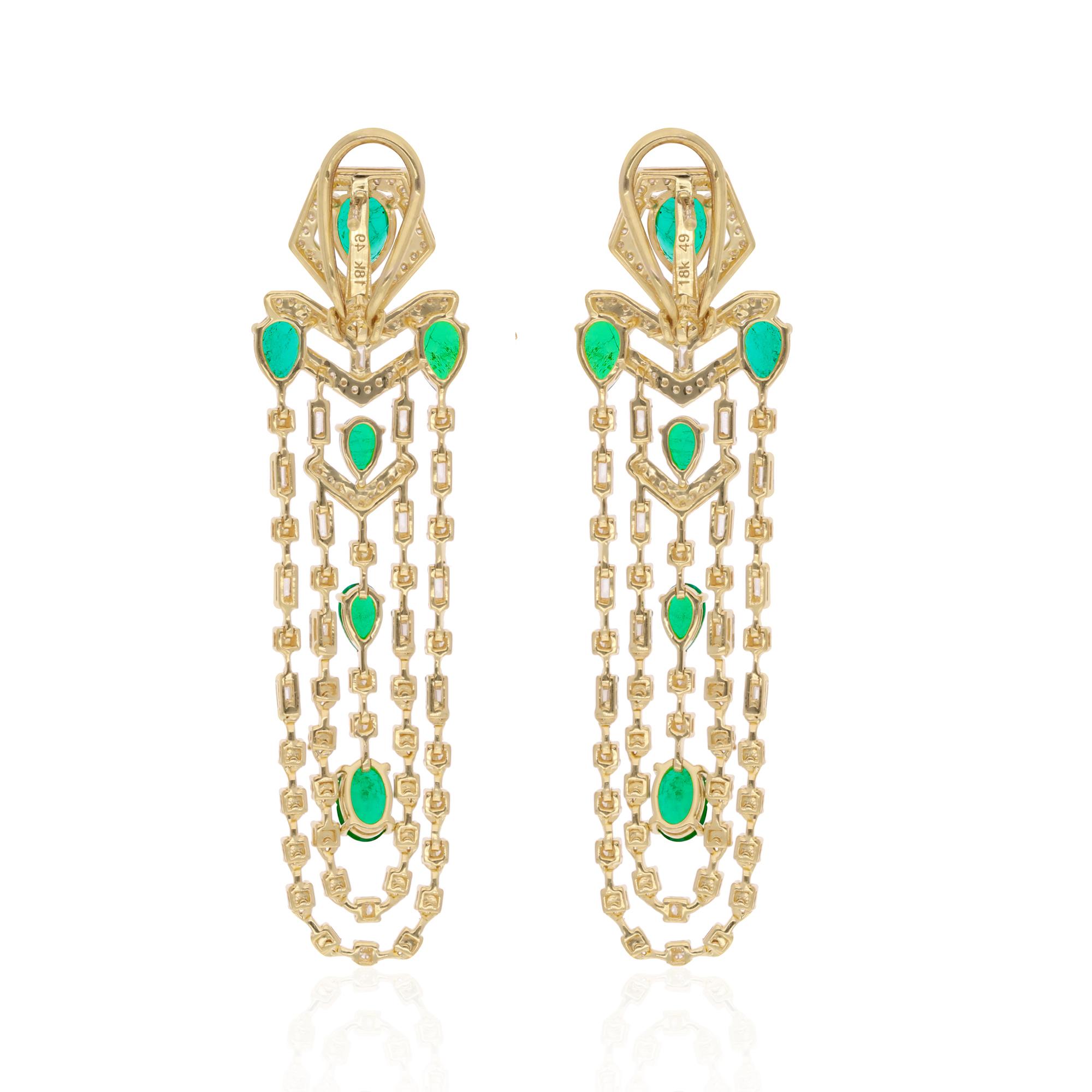 Women's Oval & Round Emerald Gemstone Chandelier Earrings Diamond 14 Karat Yellow Gold For Sale