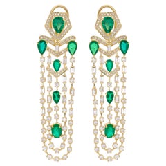 Oval & Round Emerald Gemstone Chandelier Earrings Diamond 14 Karat Yellow Gold