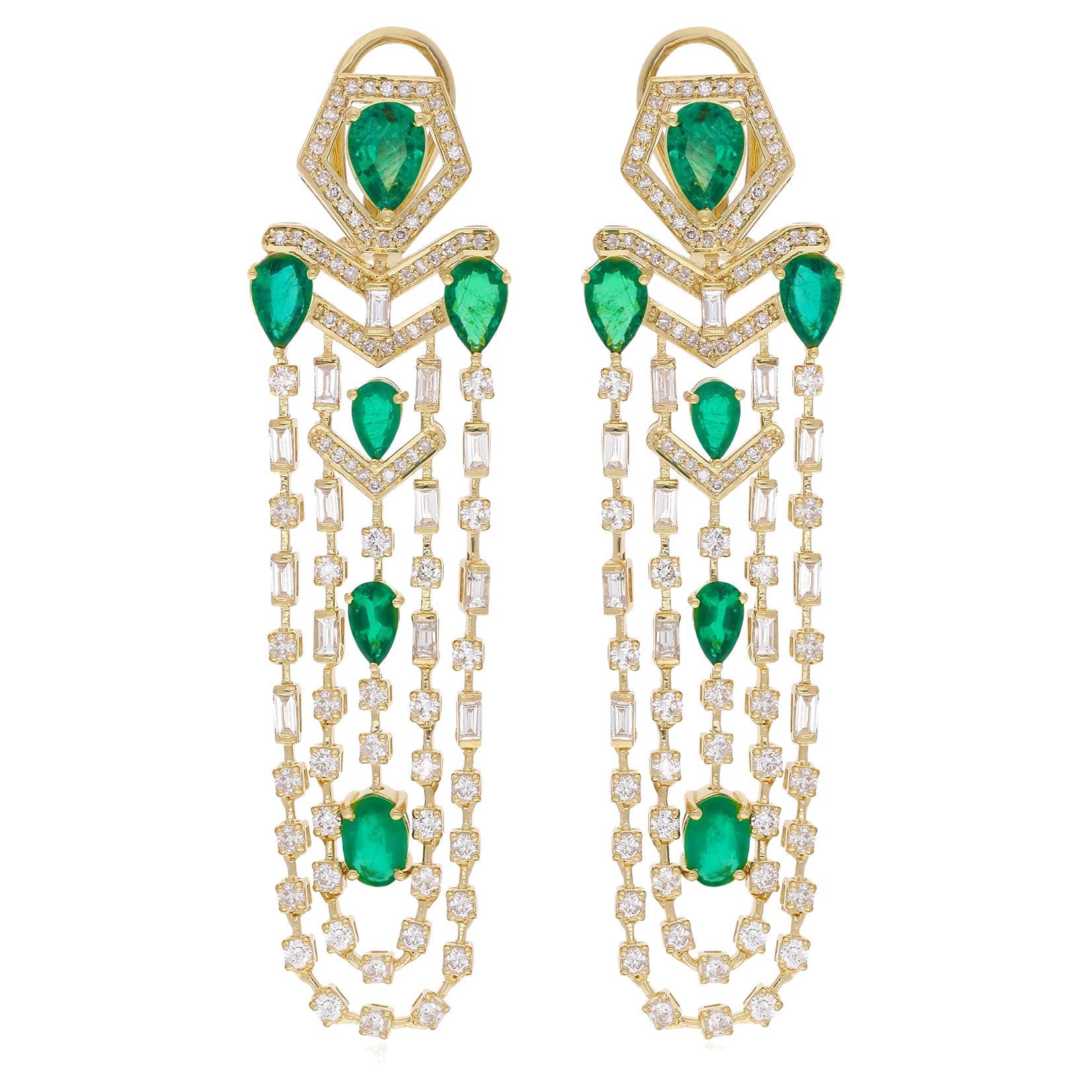 Oval & Round Emerald Gemstone Chandelier Earrings Diamond 18 Karat Yellow Gold For Sale