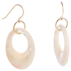 Oval Round Mother of Pearl Donut 18 Karat Gold Egg Dangle Drop Earrings