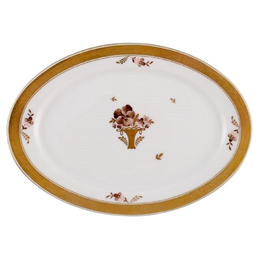 Oval Royal Copenhagen Golden Basket Serving Dish in Porcelain with Flowers For Sale