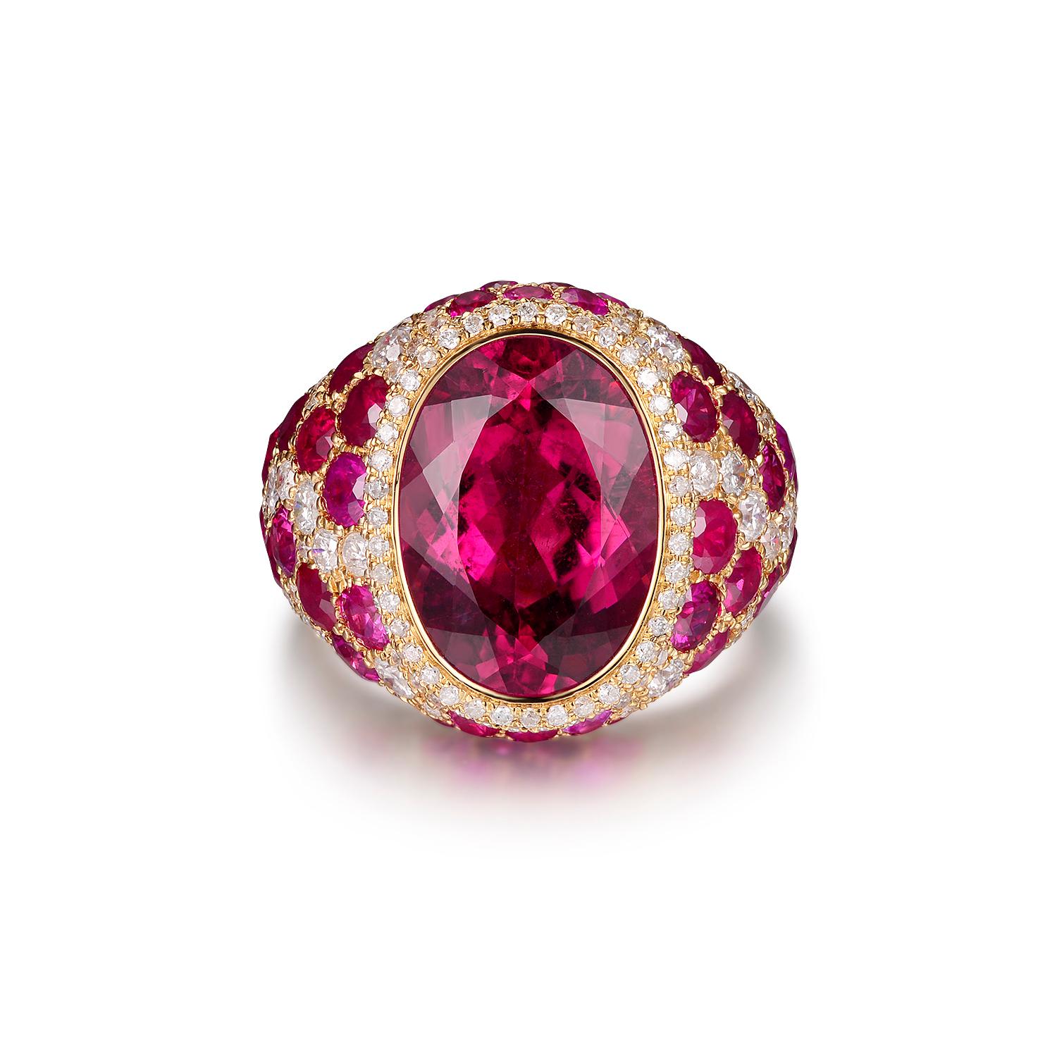 This exquisite ring features a 6.50 carats rubelite at the center, assented with 0.41 carat of diamonds on the diamond halo. For the body of the ring it features 3.61 carats of ruby and 1.54 carats of round diamonds.

US6.5 
Rubelite 6.5