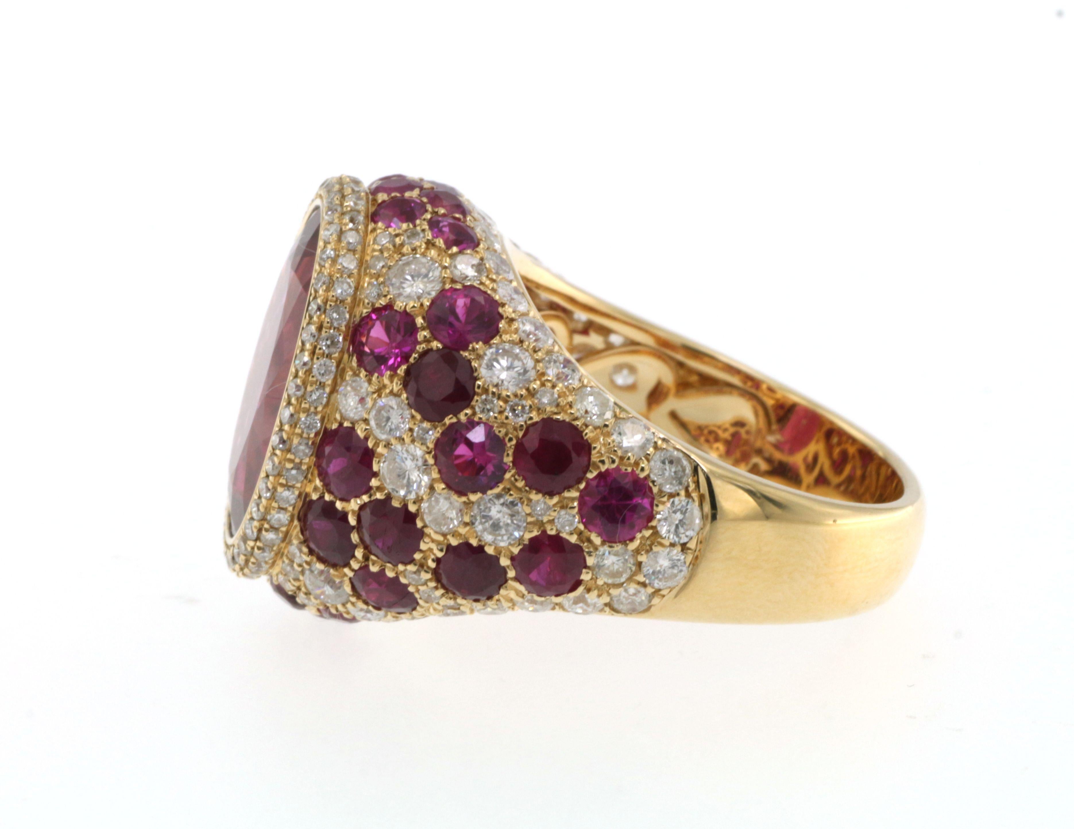 Contemporary Oval Rubelite Diamond Ruby Dome Ring in 18 Karat Yellow Gold