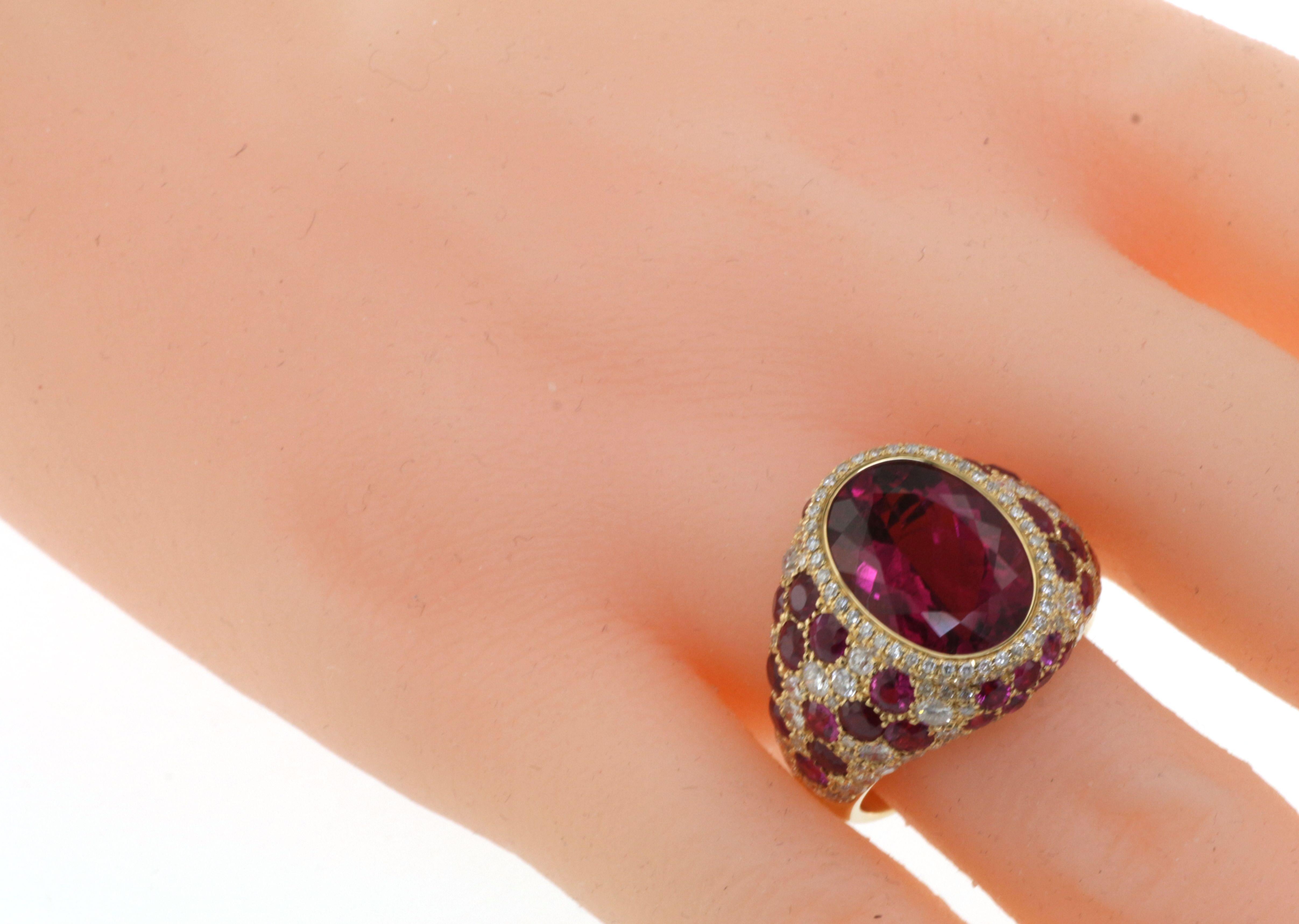 Oval Cut Oval Rubelite Diamond Ruby Dome Ring in 18 Karat Yellow Gold