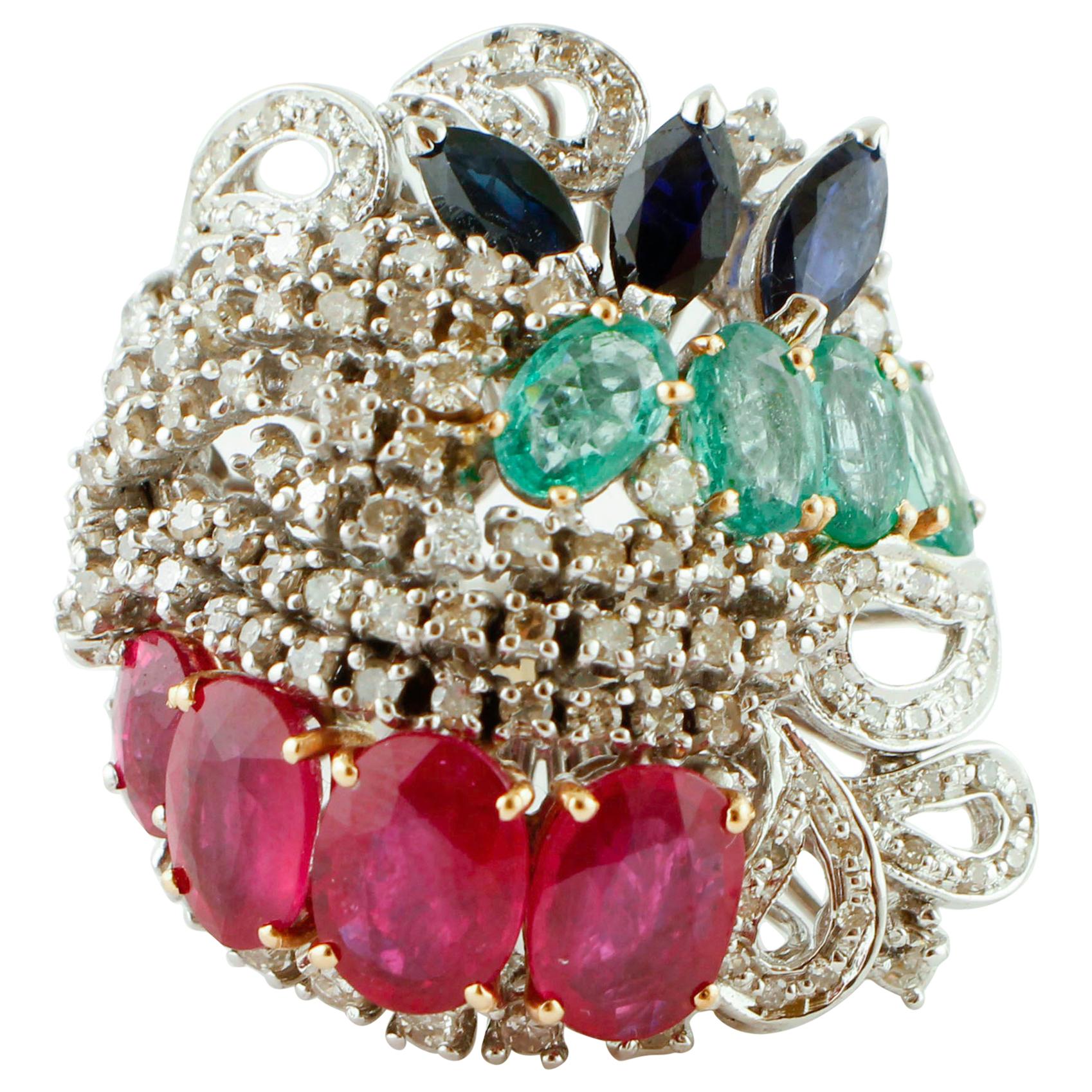 Oval Rubies, Oval Emeralds, Navette Blue Sapphires, Diamonds, 18 Karat Gold Ring For Sale