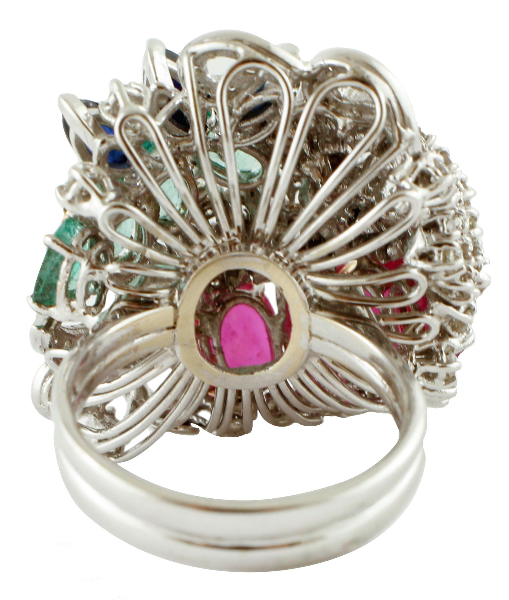 Retro Oval Rubies, Oval Emeralds, Navette Blue Sapphires, Diamonds, 18 Karat Gold Ring For Sale