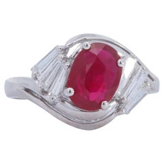 Oval Ruby and Baguette Diamond Ring 14K White Gold