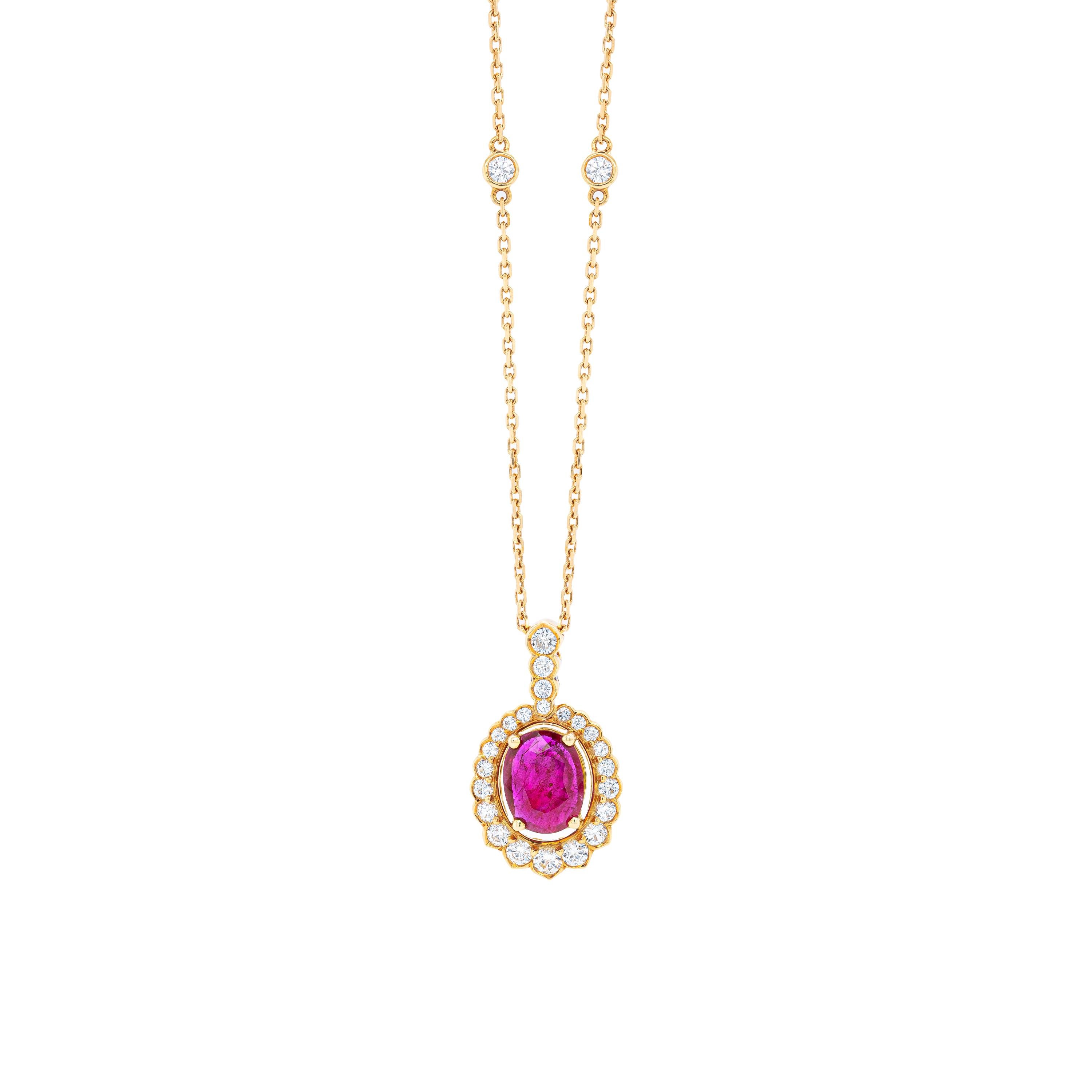 Oval Ruby and Diamond 18 Carat Gold Pendant Necklace In Excellent Condition In London, GB
