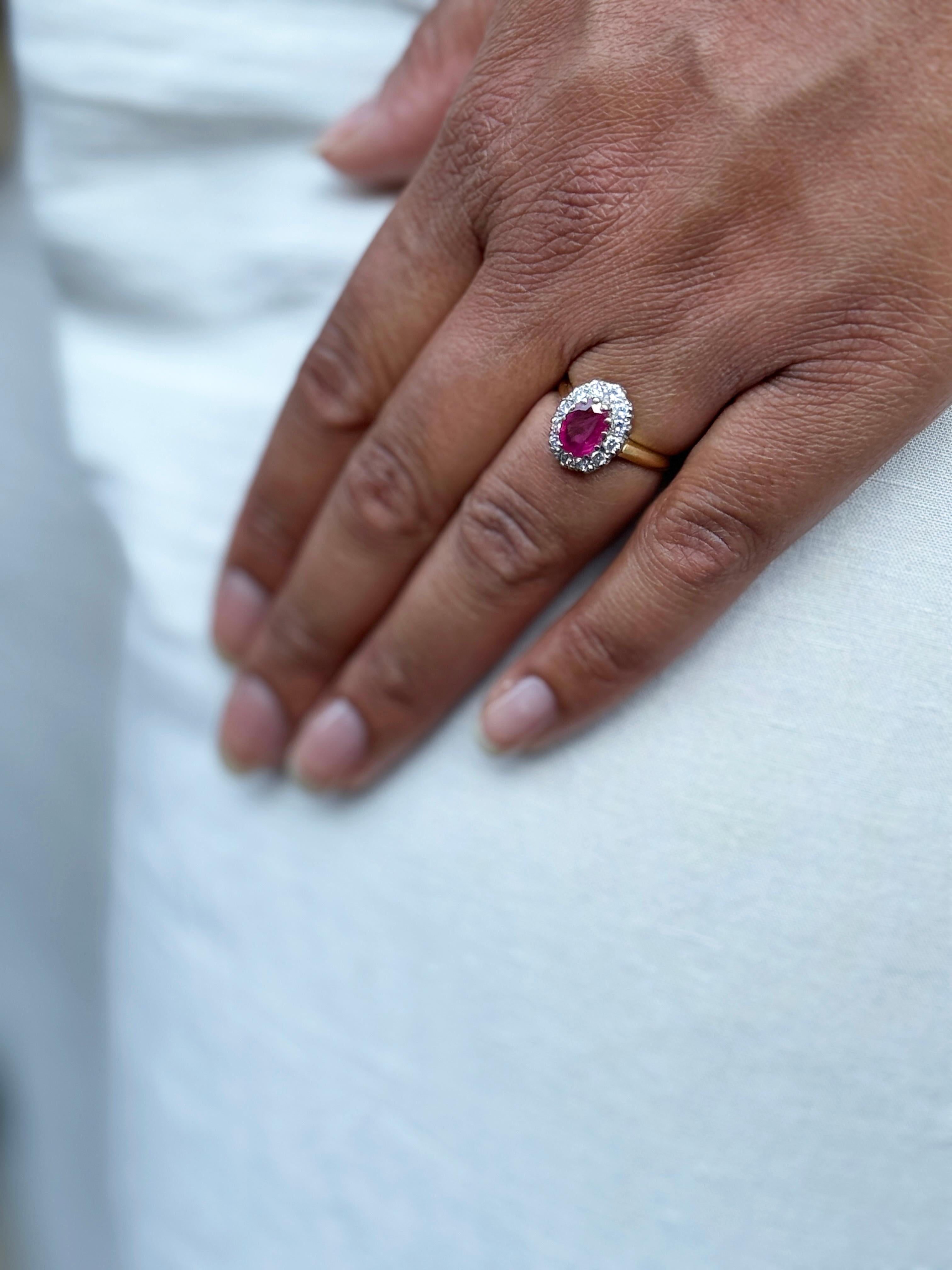 Oval Cut Oval Ruby and Diamond 18 Carat White and Yellow Gold Cluster Engagement Ring For Sale