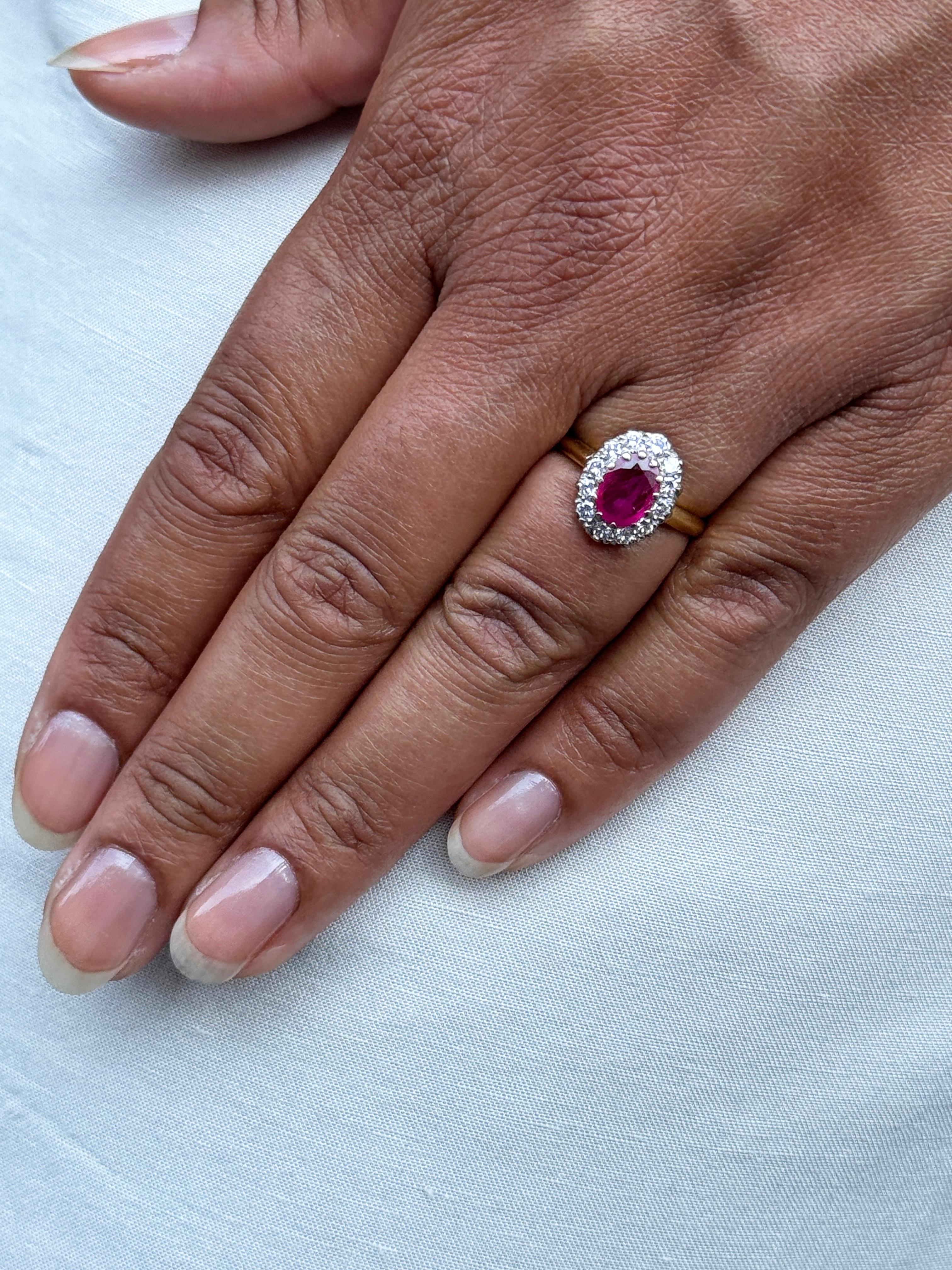 Oval Ruby and Diamond 18 Carat White and Yellow Gold Cluster Engagement Ring In Good Condition For Sale In London, GB