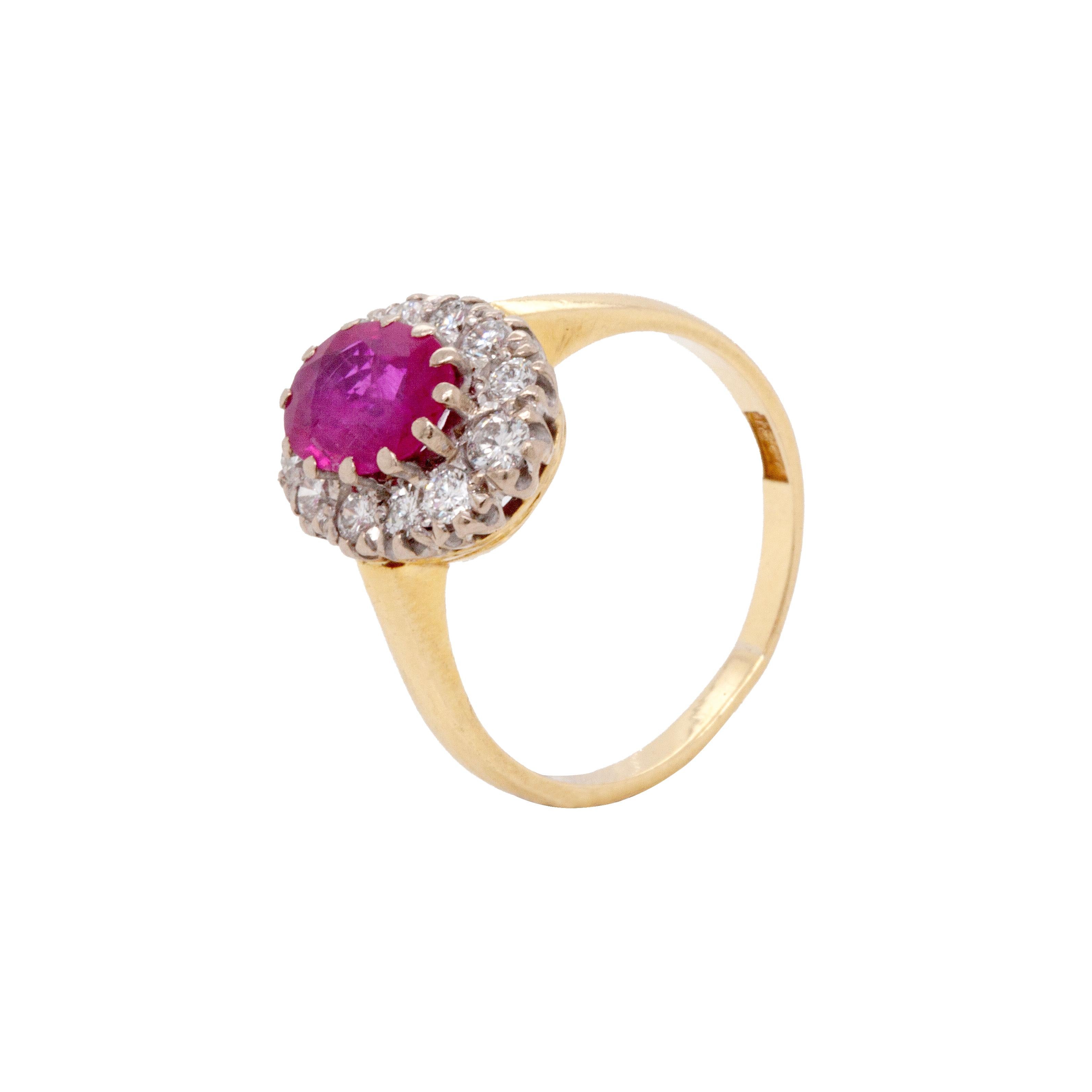 Women's Oval Ruby and Diamond 18 Carat White and Yellow Gold Cluster Engagement Ring For Sale
