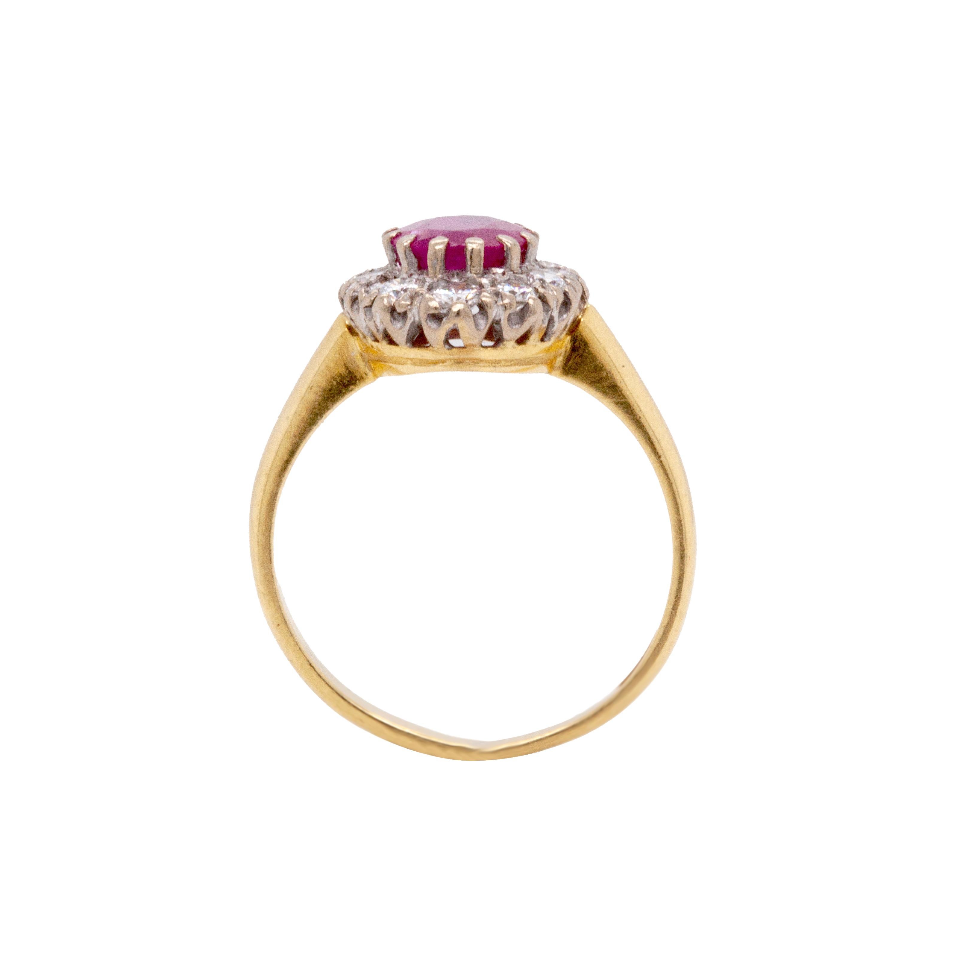 Oval Ruby and Diamond 18 Carat White and Yellow Gold Cluster Engagement Ring For Sale 1