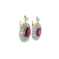 Oval Ruby and Diamond 2-Tone Gold Vintage Earrings