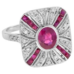 Oval Ruby and Diamond Accent Art Deco Style Ring in 18k White Gold