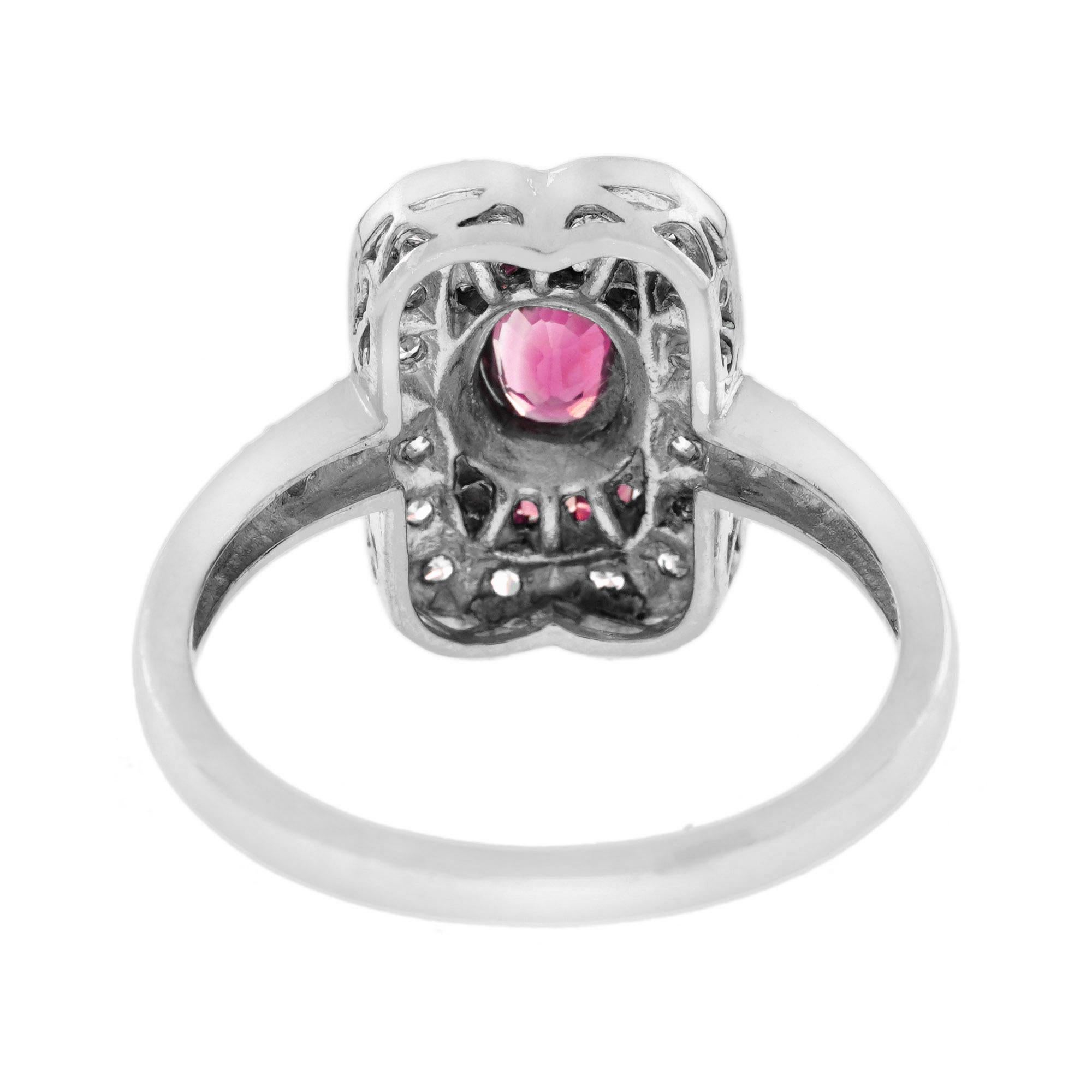 Women's Oval Ruby and Diamond Art Deco Style Engagement Ring in 18K White Gold For Sale