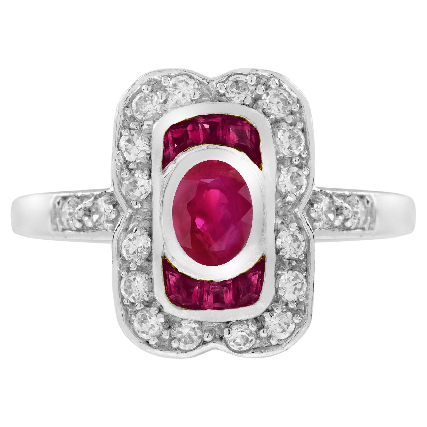 Oval Ruby and Diamond Art Deco Style Engagement Ring in 18K White Gold