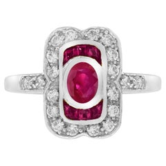 Oval Ruby and Diamond Art Deco Style Engagement Ring in 18K White Gold