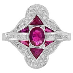 Oval Ruby and Diamond Art Deco Style Halo Ring in 18K White Gold Oval Ruby and Diamond Art Deco Style Halo Ring in 18K White Gold