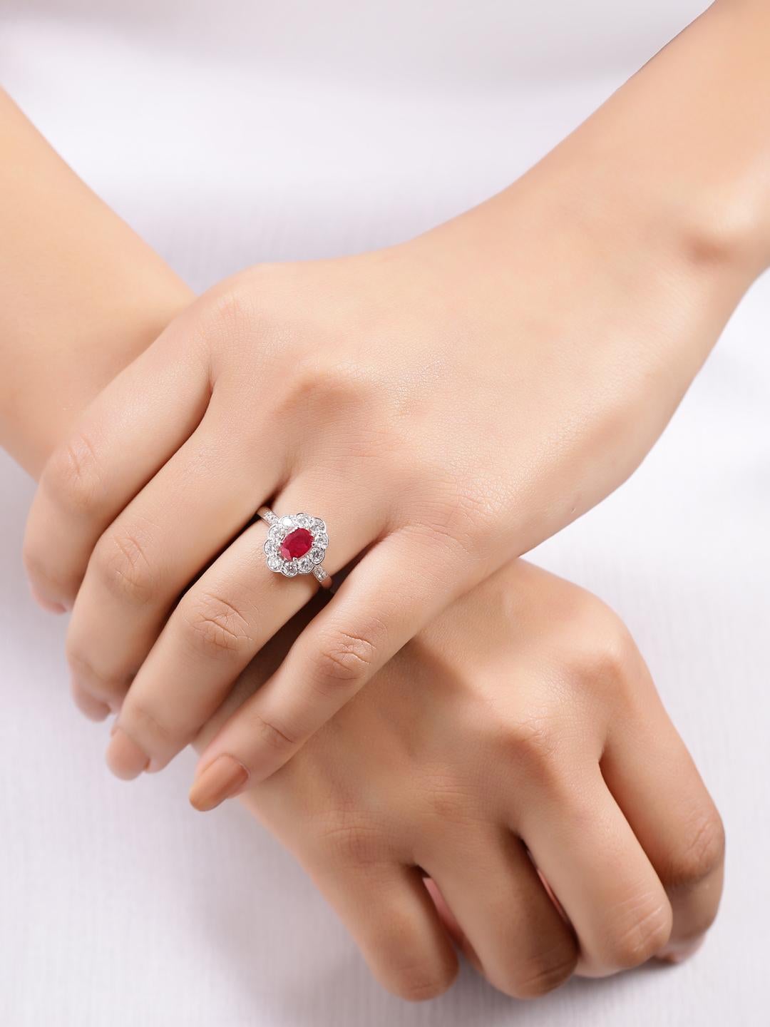 Oval Cut Oval Ruby and Diamond Classic Engagement Ring in 18 Karat White Gold For Sale