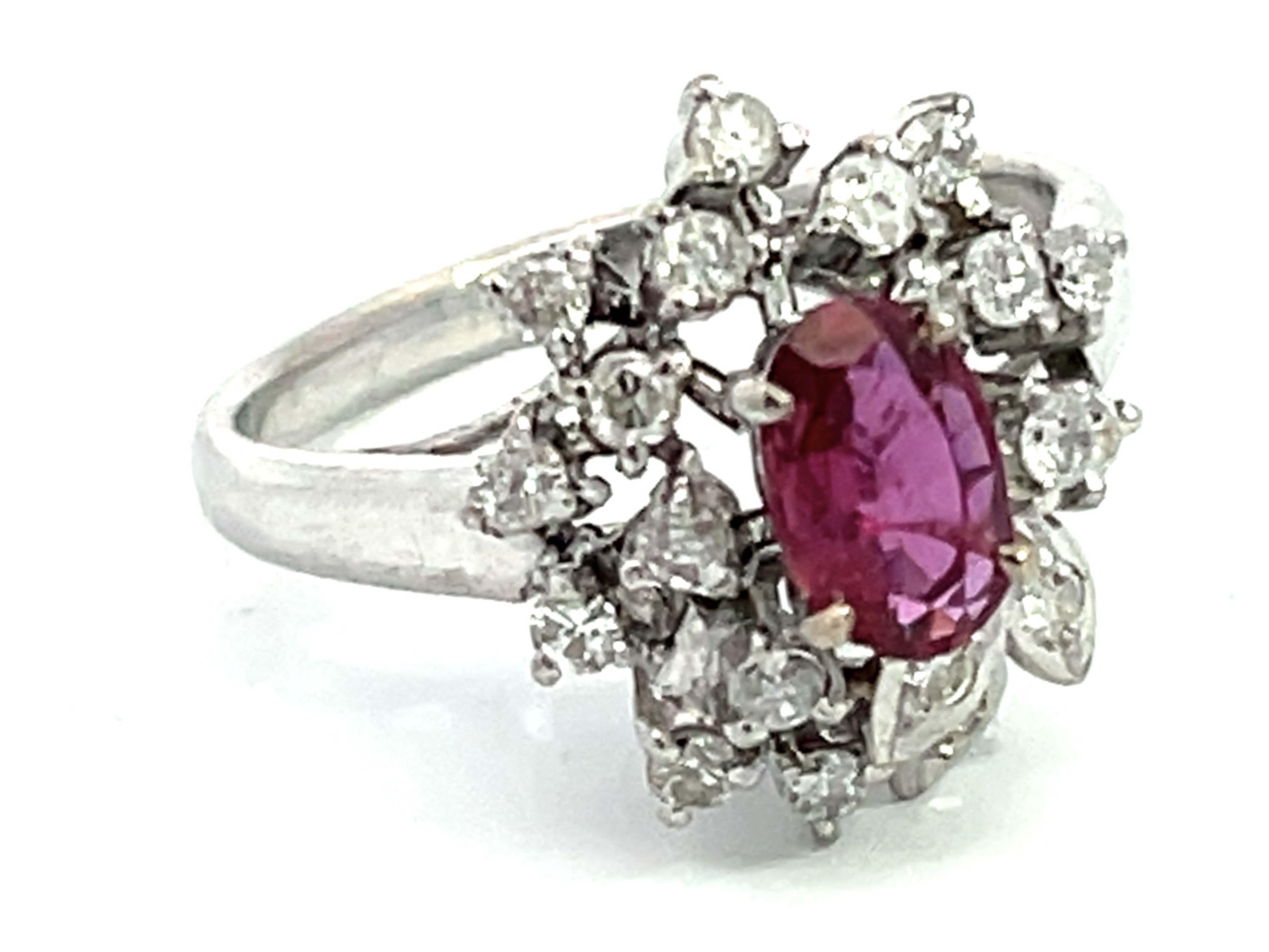 Modern Oval Ruby and Diamond Cluster Ring in 14k White Gold For Sale