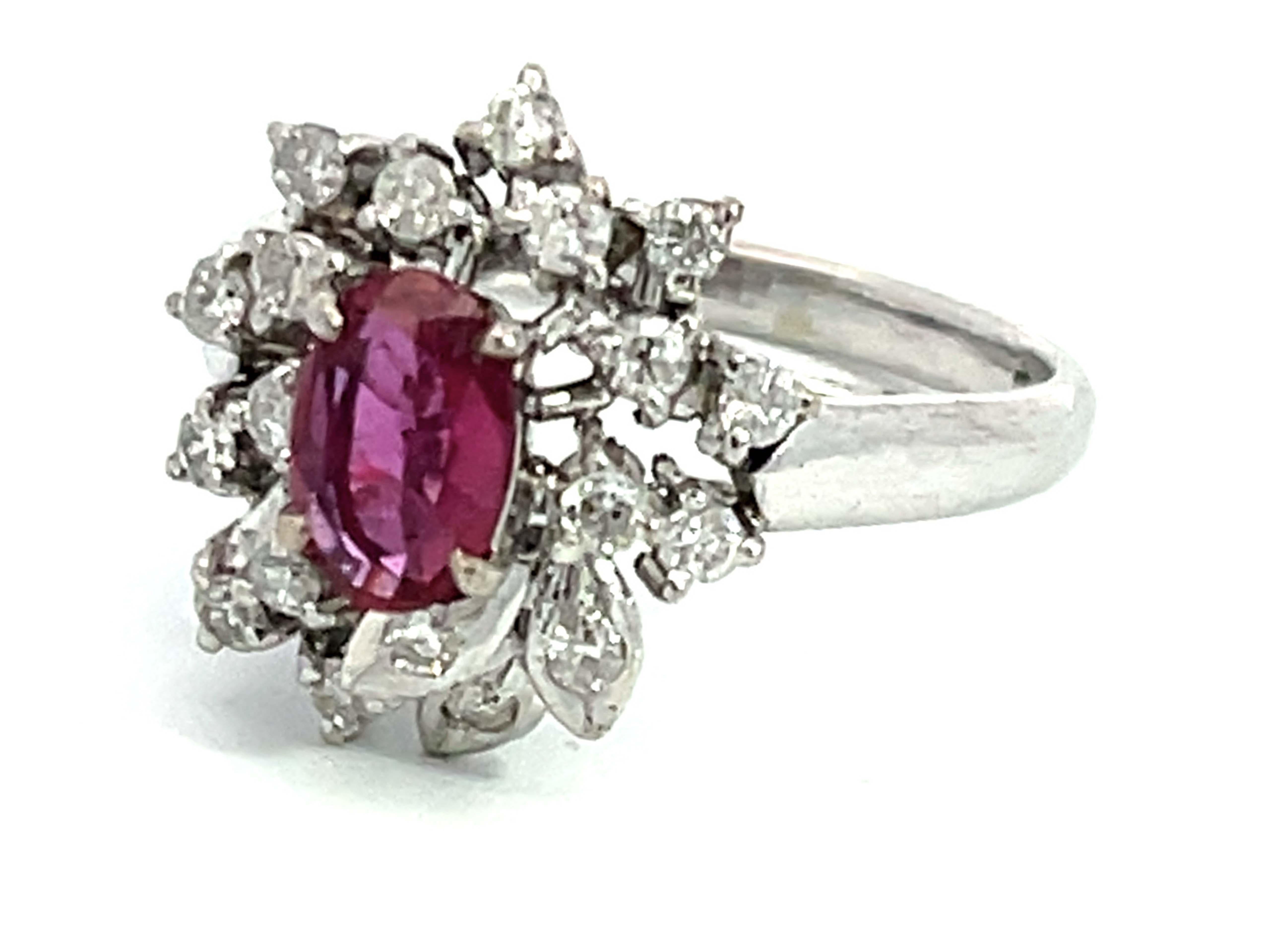 Oval Cut Oval Ruby and Diamond Cluster Ring in 14k White Gold For Sale