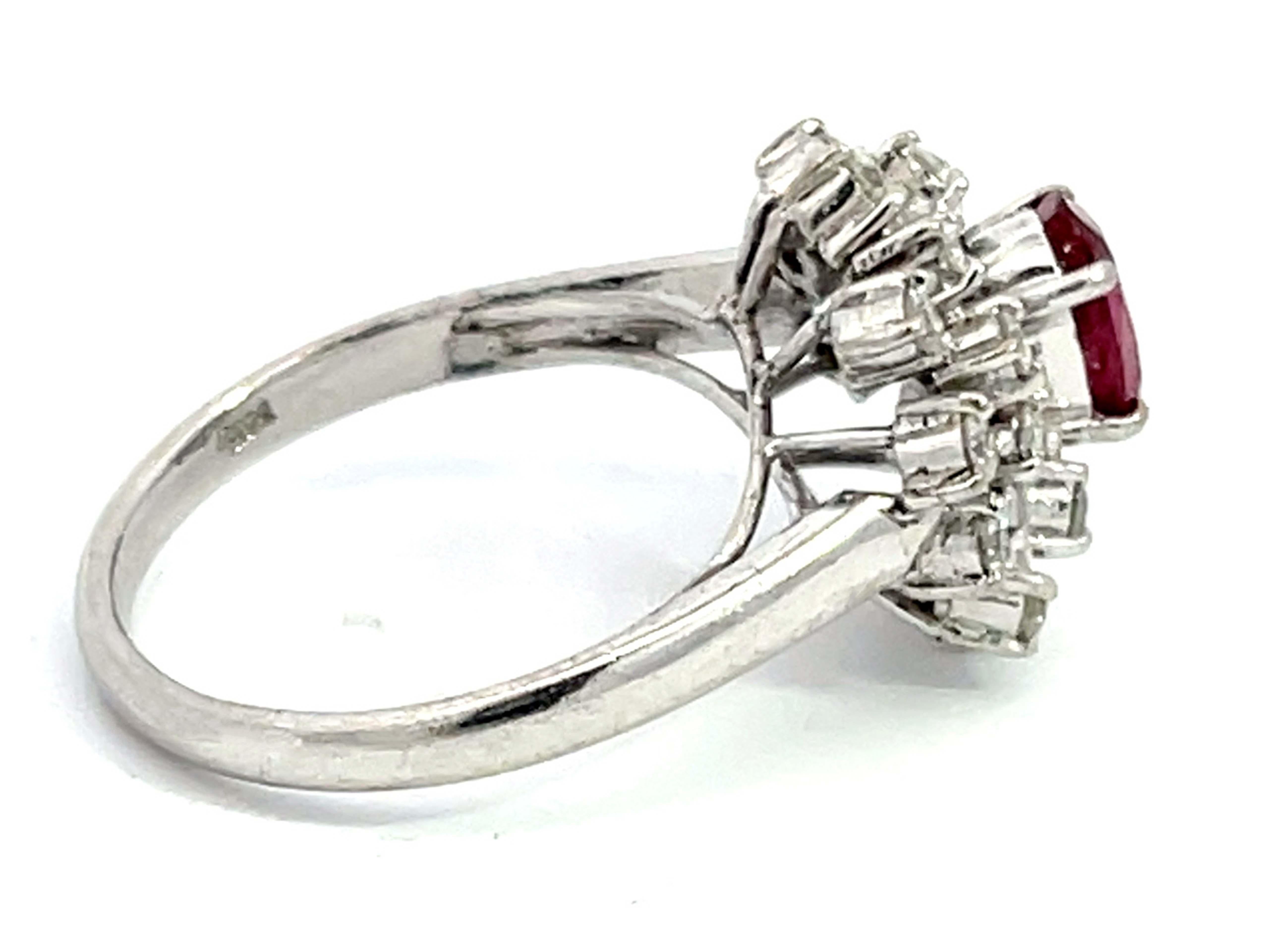 Oval Ruby and Diamond Cluster Ring in 14k White Gold In Excellent Condition For Sale In Honolulu, HI