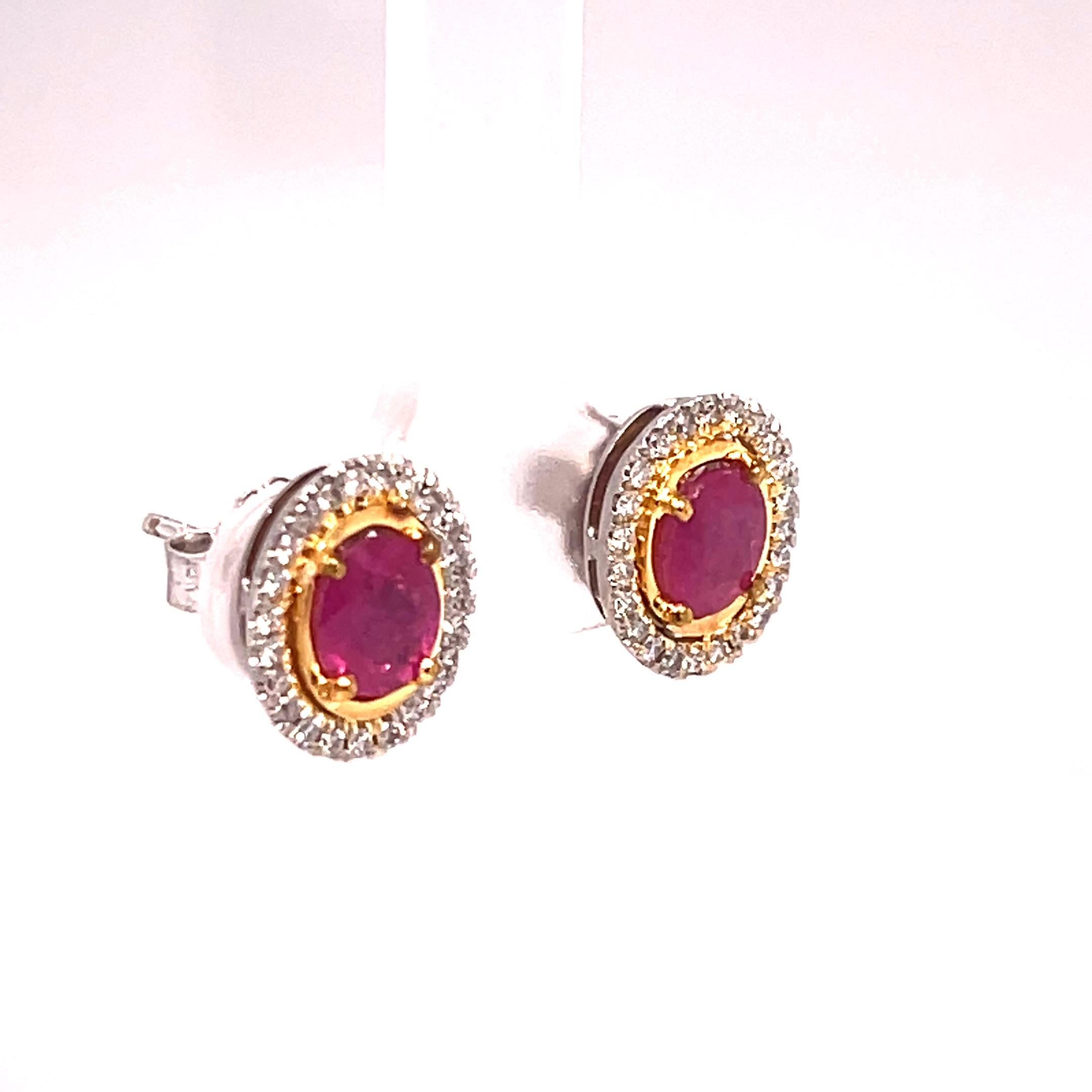 Women's Oval Ruby and Diamond Earrings 2.29 Carats 18 K White Gold/Yellow Gold For Sale