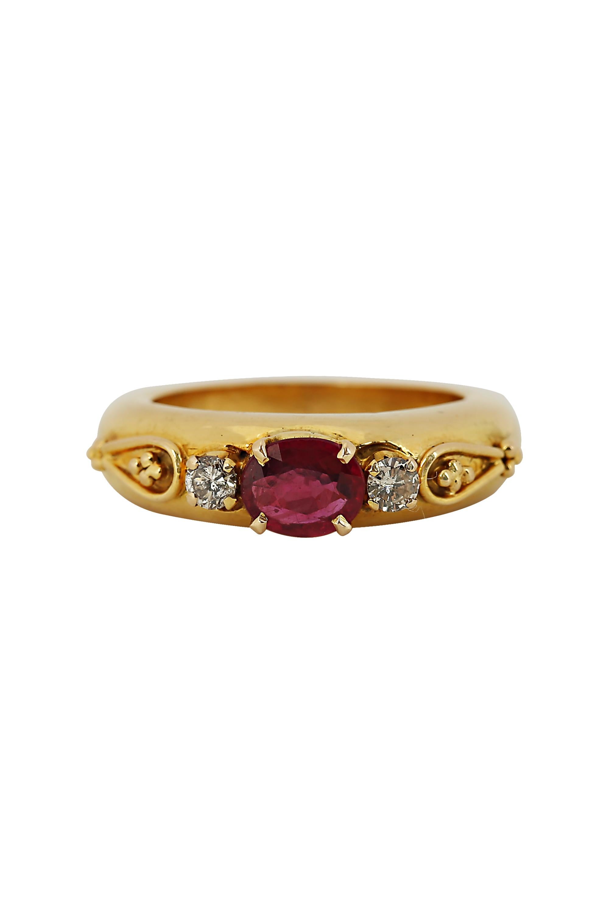 Oval Cut Vintage Oval Ruby and Diamond Gold Ring For Sale