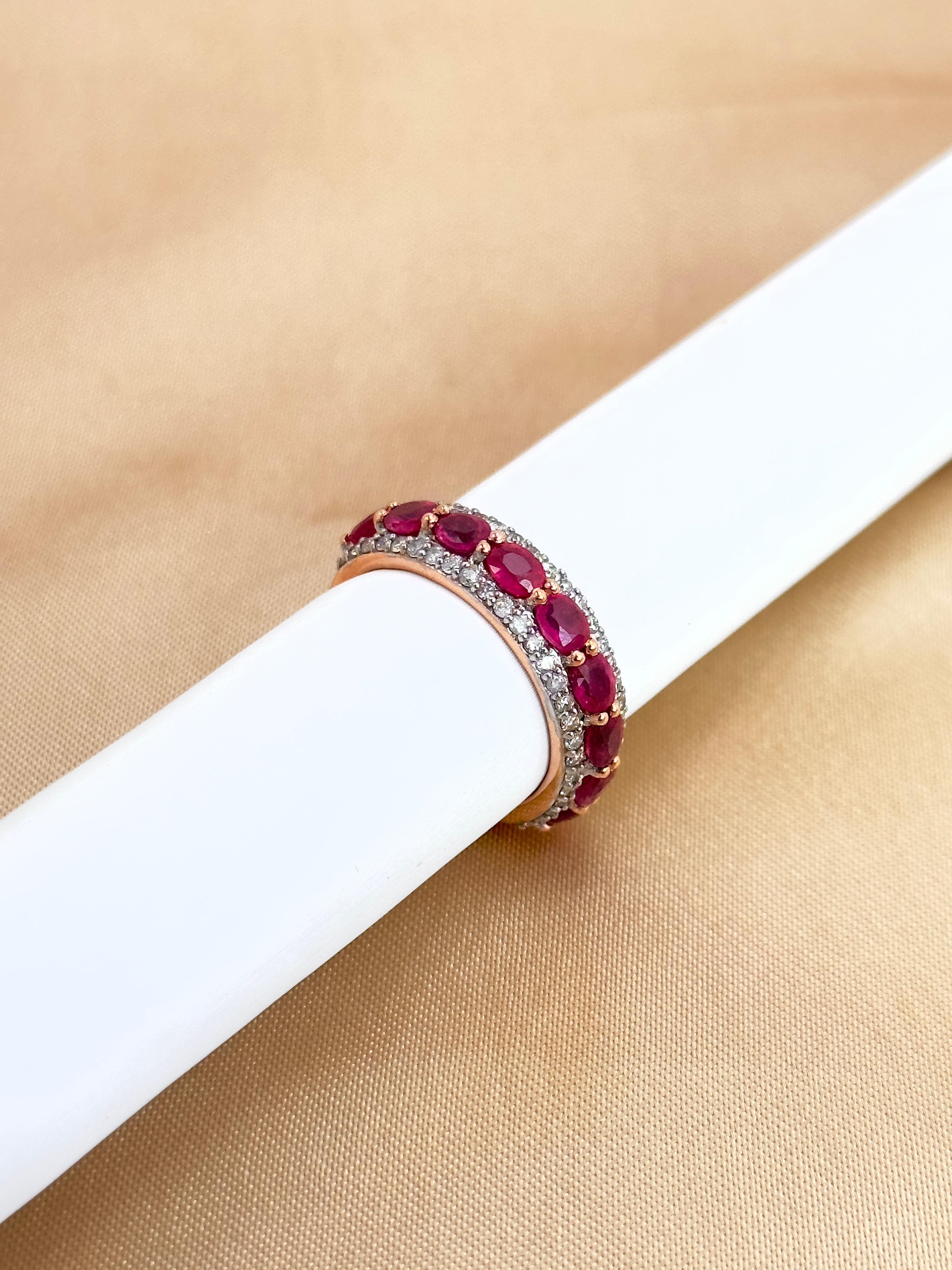 Oval Rubin und Diamant Half Eternity Band, 14k Solid Rose Gold Statement Ring 5
