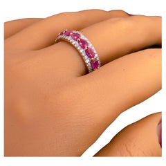 Oval Ruby and Diamond Half Eternity Band, 14k Solid Rose Gold Statement Ring