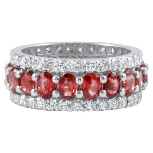 Oval Ruby and Diamond Halo Eternity Band in 18K White Gold, 5.01 Carats