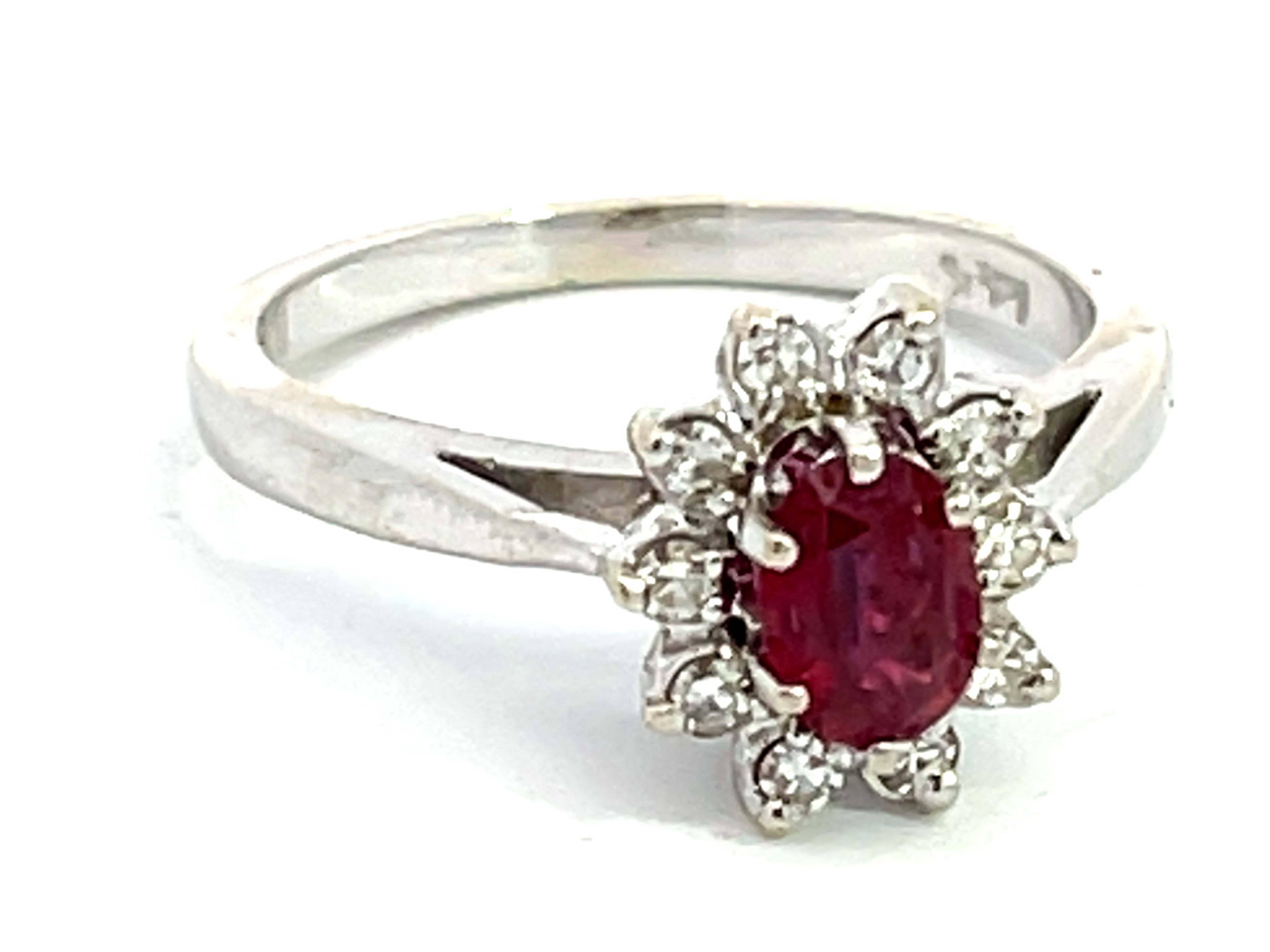 Modern Oval Ruby and Diamond Halo Ring in 14k White Gold For Sale