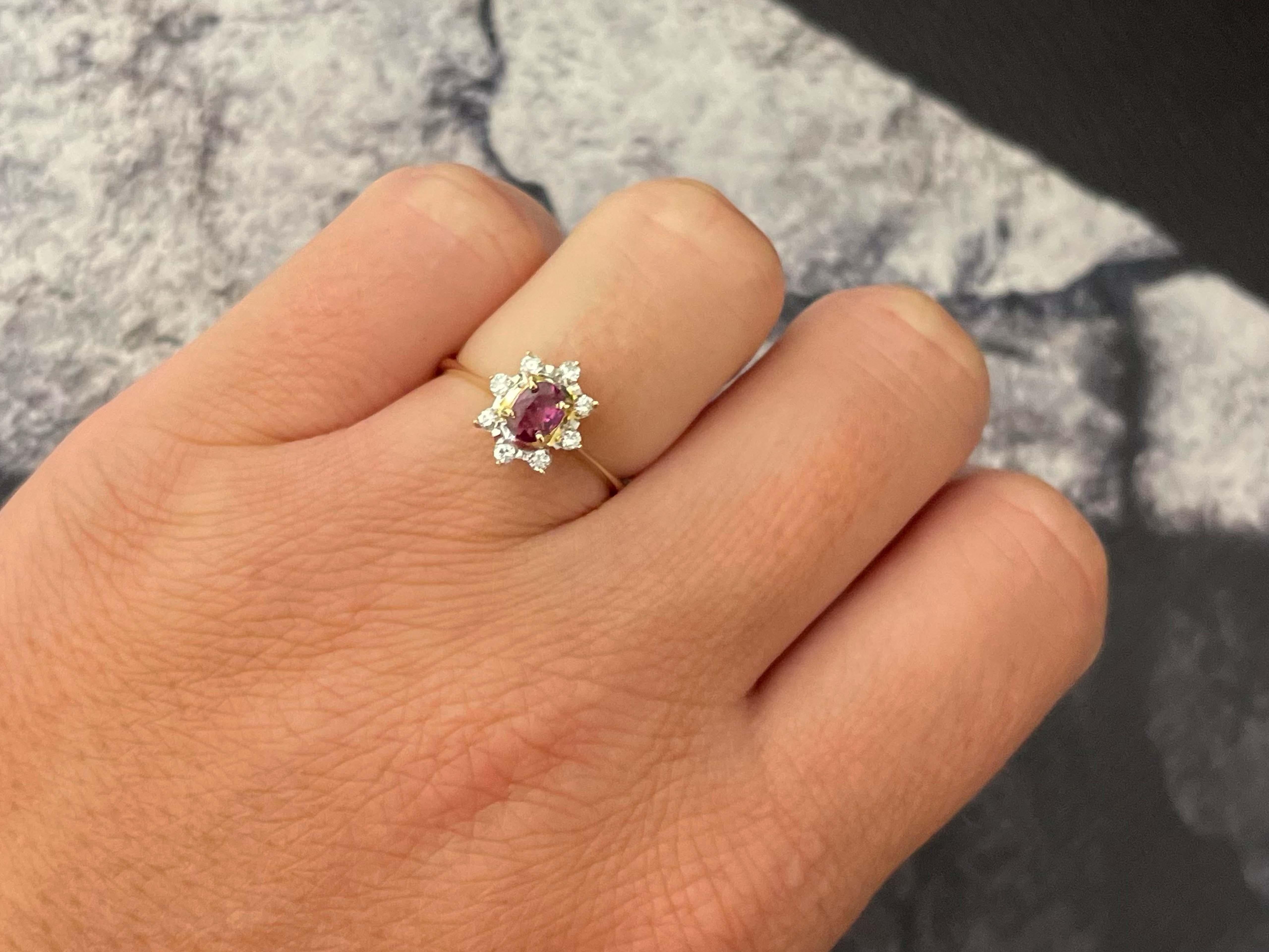 Item Specifications:

Metal: 14K Yellow Gold

Style: Statement Ring

Ring Size: 6.25 (resizing available for a fee)

Total Weight: 2.0 Grams

Gemstone Specifications:

Gemstones: 1 red ruby

Ruby Carat Weight: 0.29 carats

Diamond Carat Weight: 0.08