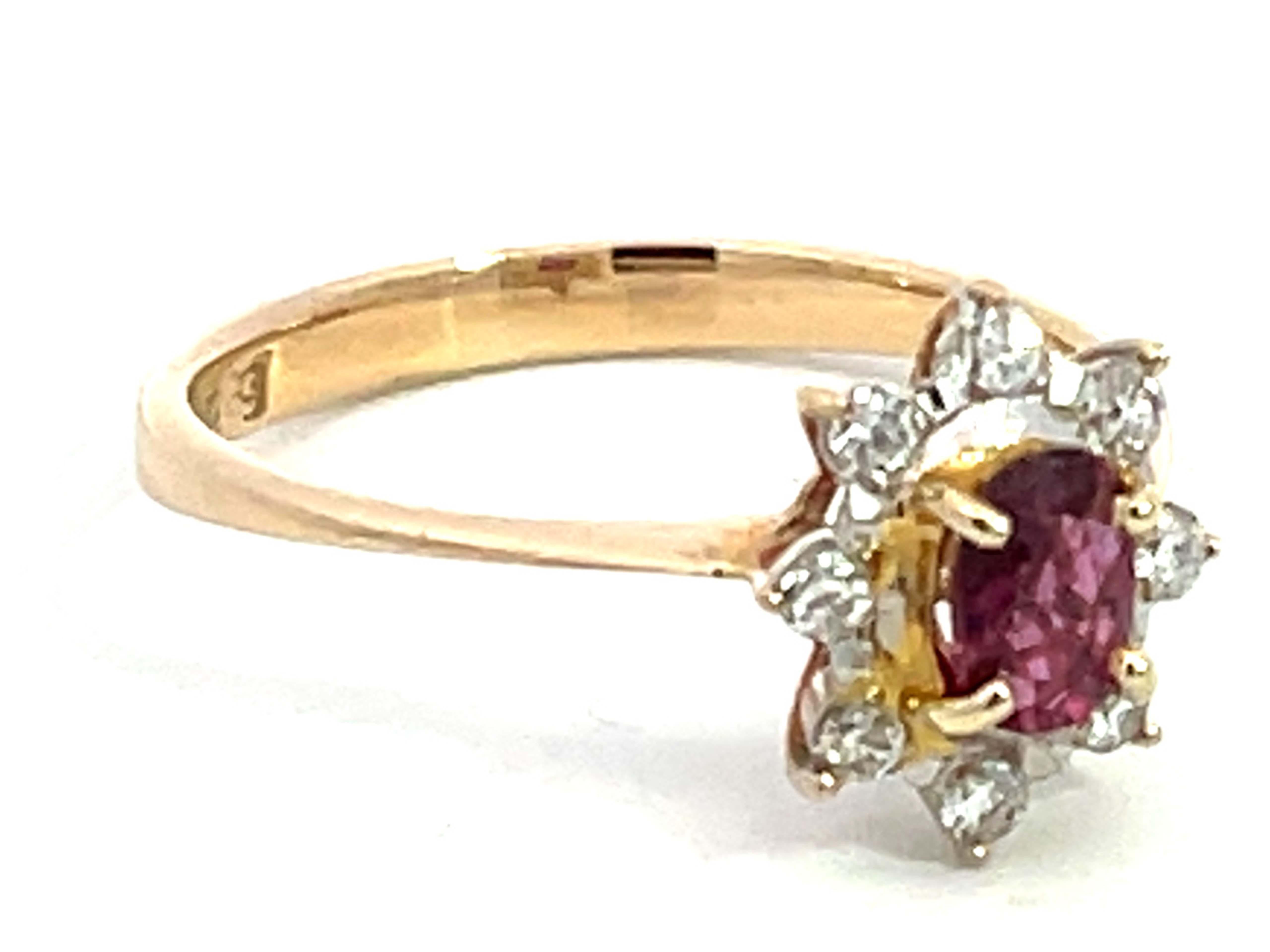 Modern Oval Ruby and Diamond Halo Ring in 14k Yellow Gold For Sale