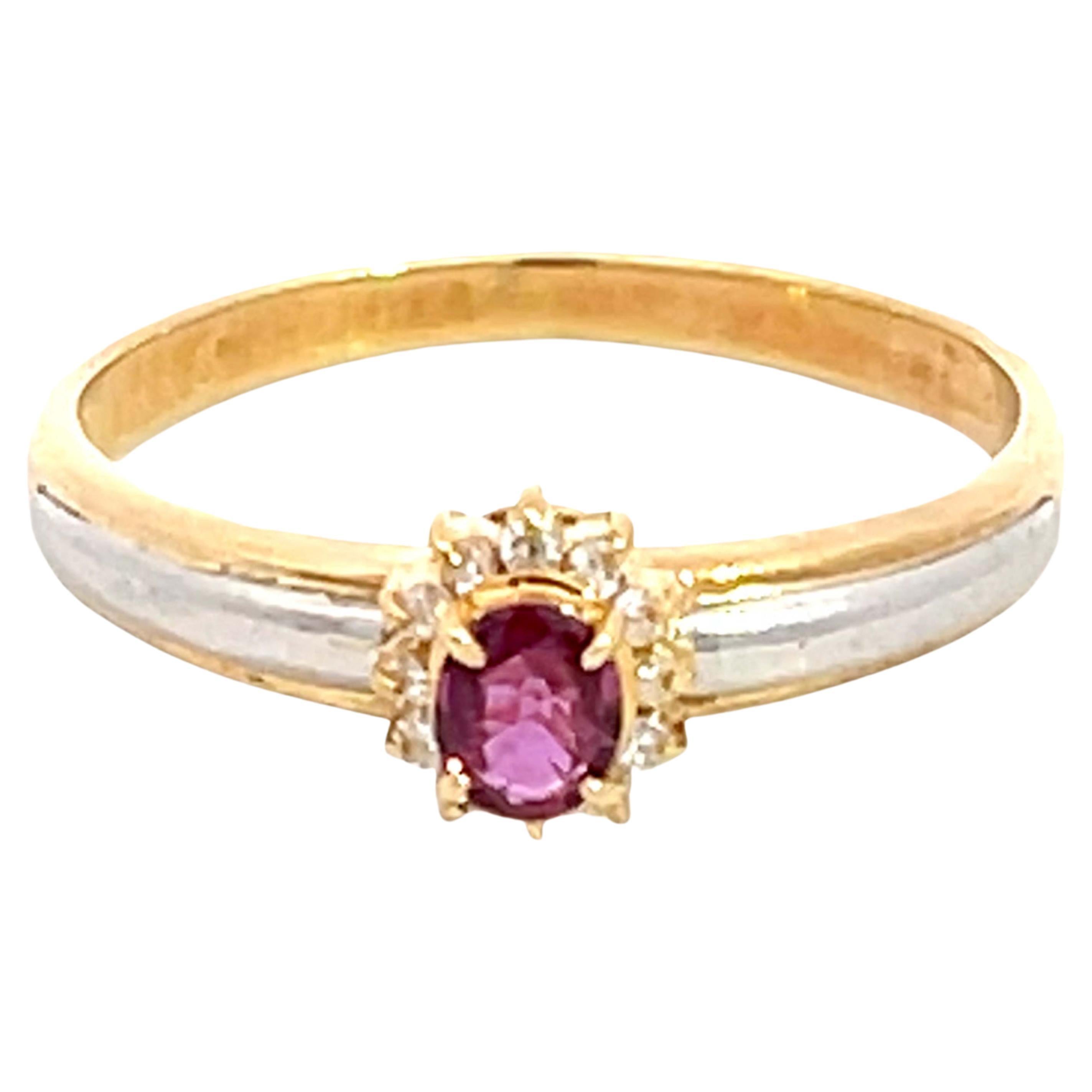 Oval Ruby and Diamond Halo Ring in 18k Yellow Gold & Platinum For Sale