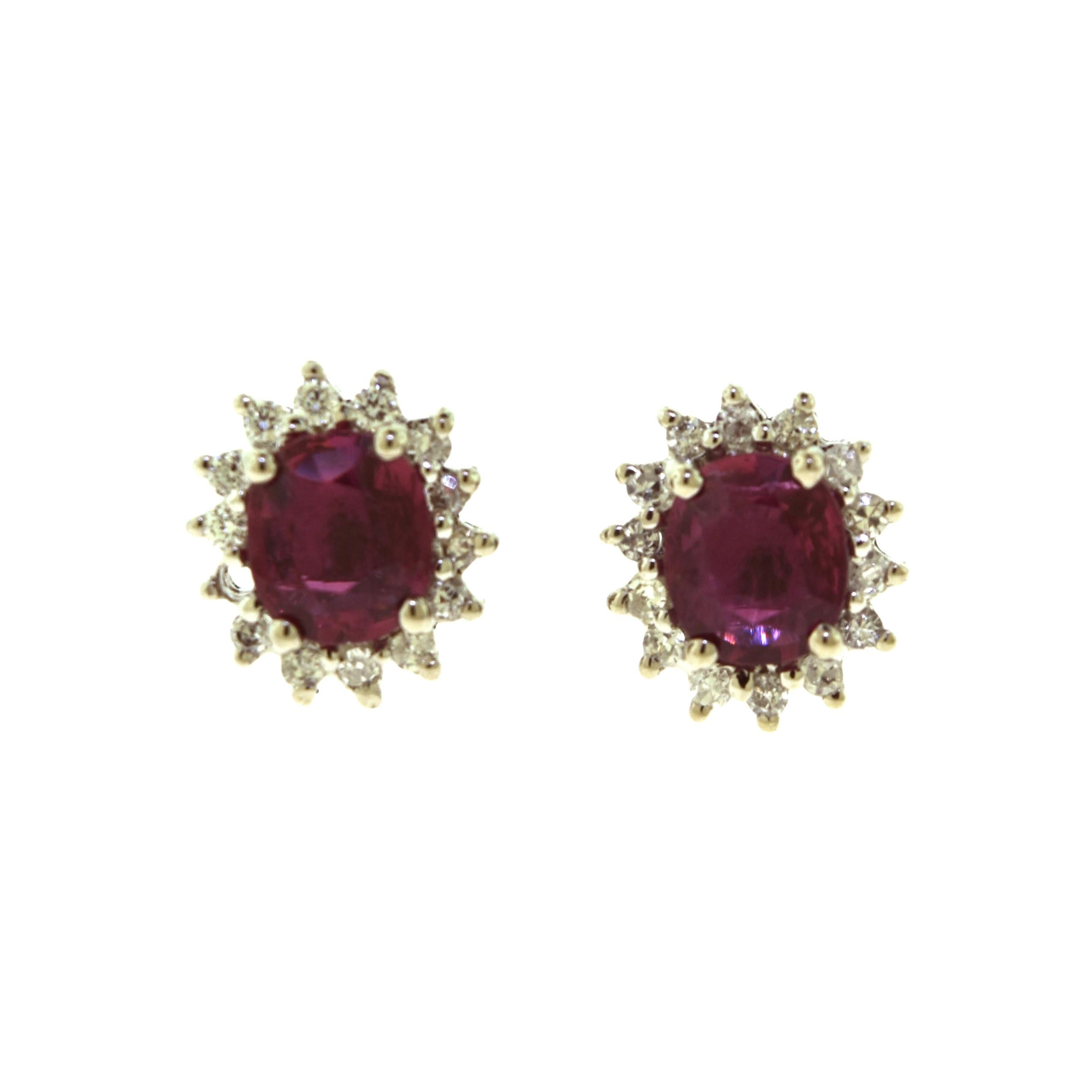 Oval Ruby and Diamond in 18 Karat White Gold Halo Stud Flower Earrings