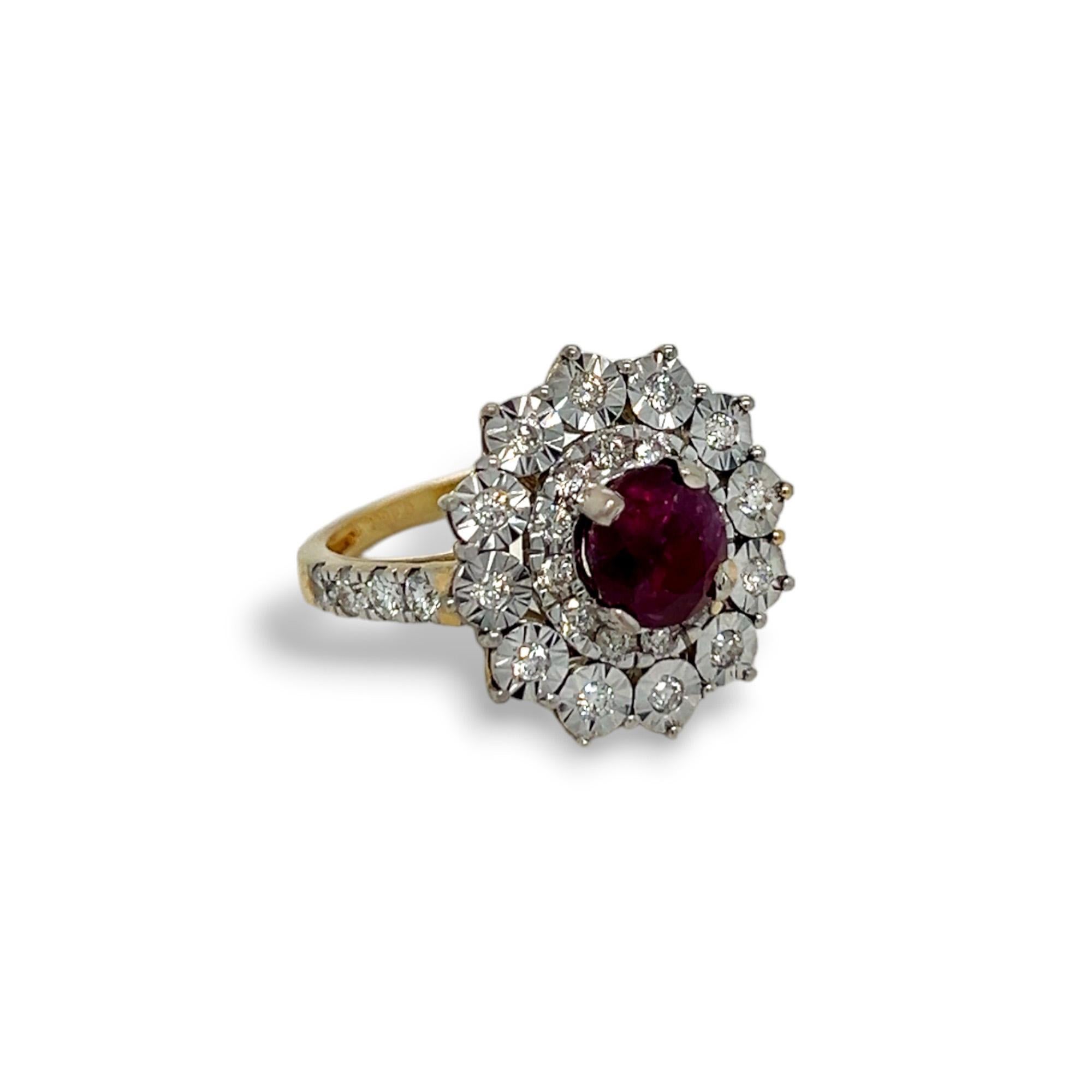 Dieser exquisite Ring mit Rubin und Diamanten ist ein zeitloses Schmuckstück, das Eleganz und Raffinesse ausstrahlt. Der mit Präzision gefertigte, leuchtende 2,37-karätige Rubin in der Mitte ist von 0,46 (insgesamt) funkelnden Diamanten umgeben, die
