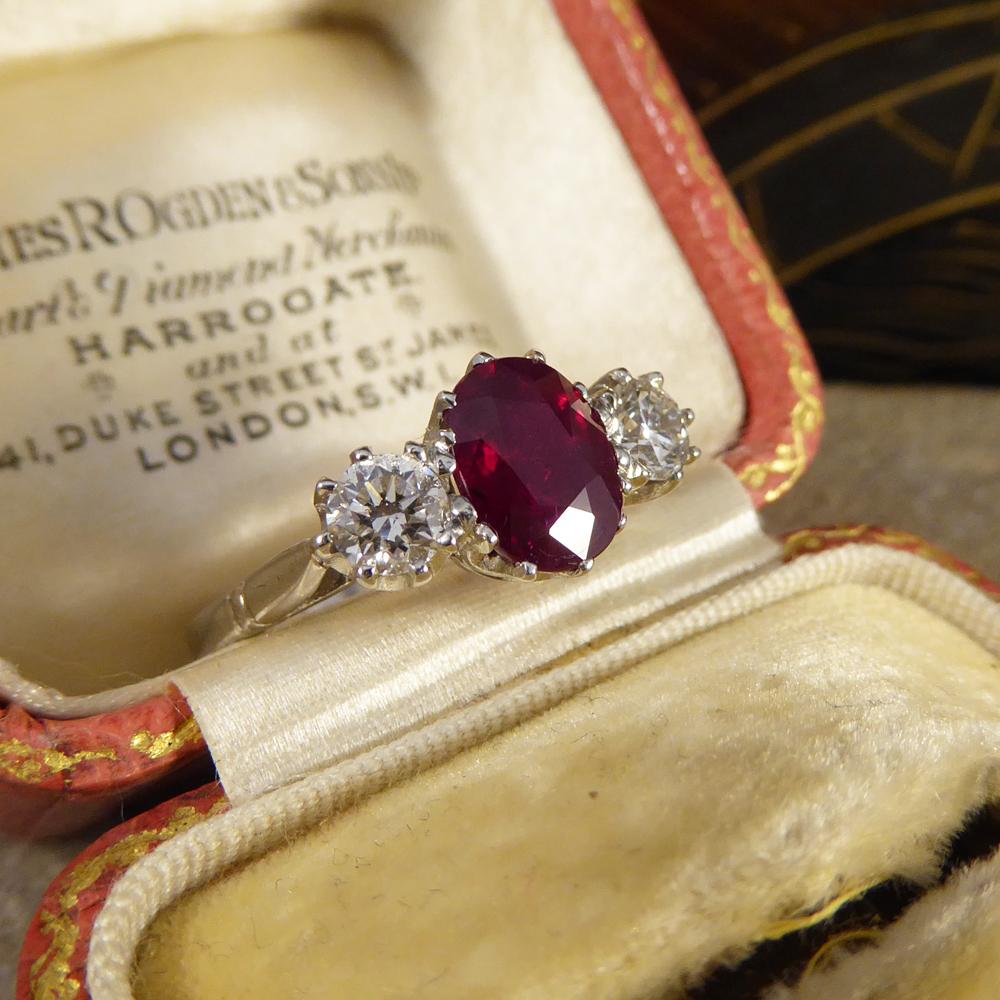 Oval Ruby and Diamond Three-Stone Engagement Ring in Platinum 6
