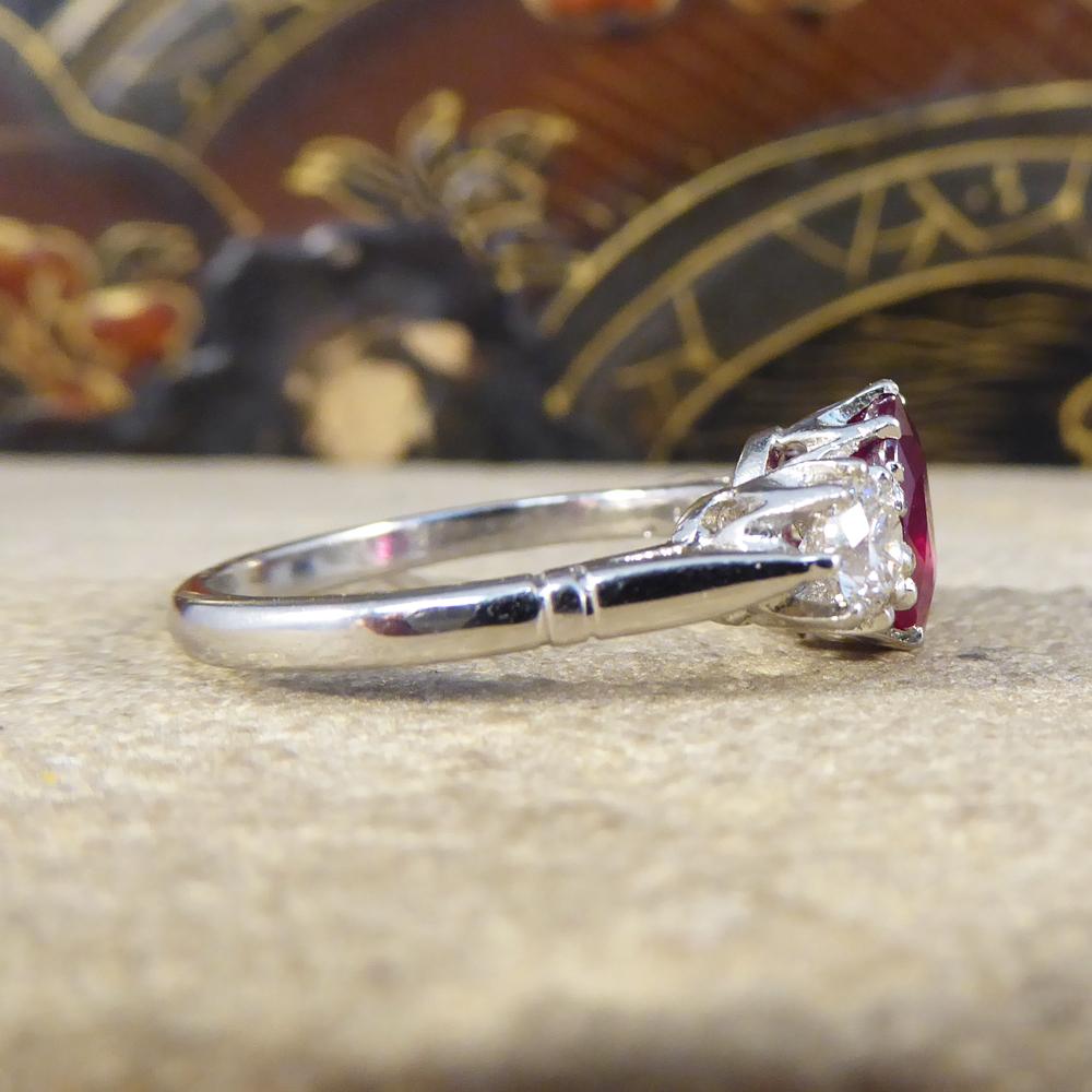 Oval Ruby and Diamond Three-Stone Engagement Ring in Platinum In Good Condition In Yorkshire, West Yorkshire