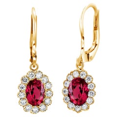 Oval Ruby and Diamond Yellow Gold Cluster Lever Back Earrings