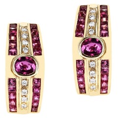 Oval Ruby and Invisibly Set Square Ruby and Round Diamond Earrings, 18K Gold