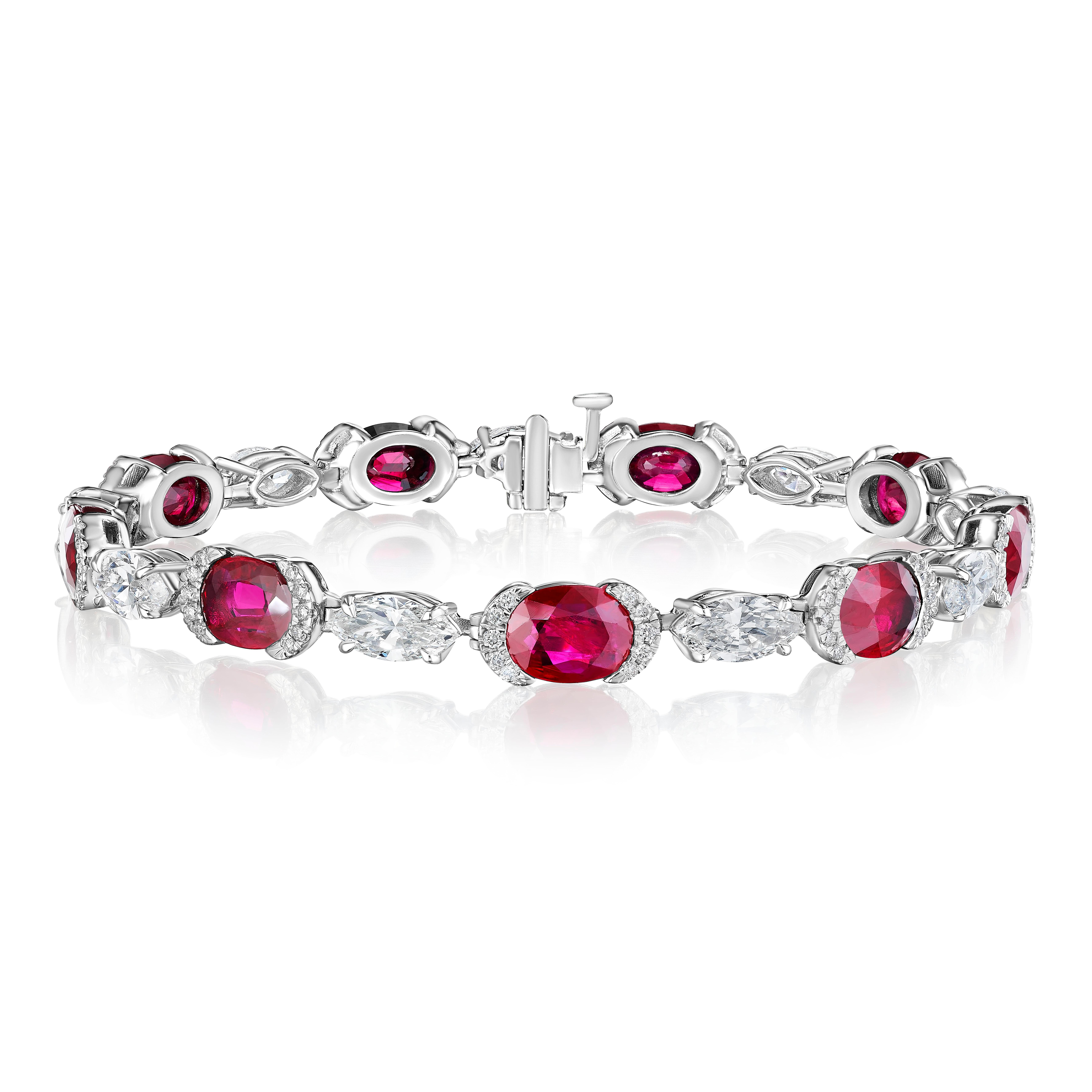 Emerald Cut Oval Ruby and Marquise Diamond Bracelet For Sale