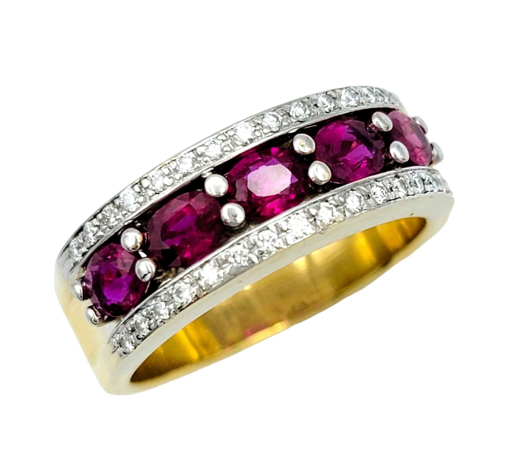 Ring size: 8.5

Elevate your jewelry collection with our exquisite 5 stone oval cut ruby band ring, a timeless symbol of beauty and sophistication. Crafted in a polished 18 karat yellow gold setting, this ring exudes warmth and luxury, creating a
