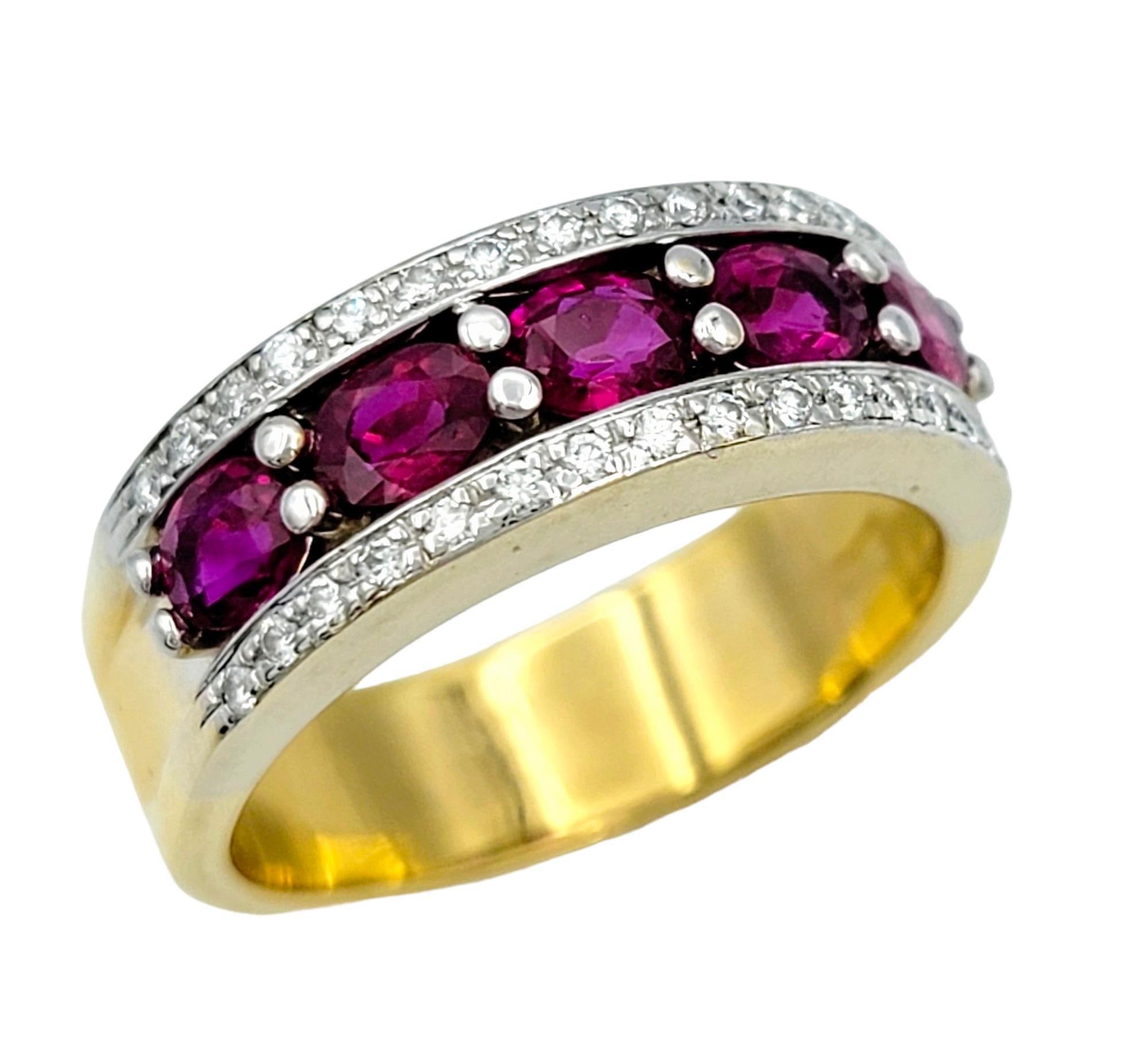 Contemporary Oval Ruby and Pave Diamond Semi-Eternity Band Ring in 18 Karat Yellow Gold  For Sale